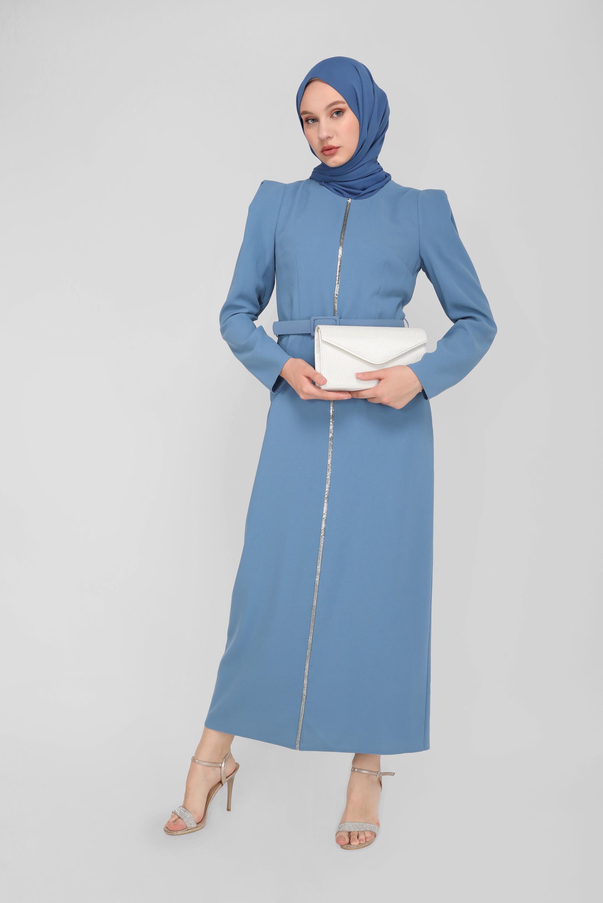 Tesettür giyim MAVİ KEMERLİ TAŞLI ELBİSE 41778