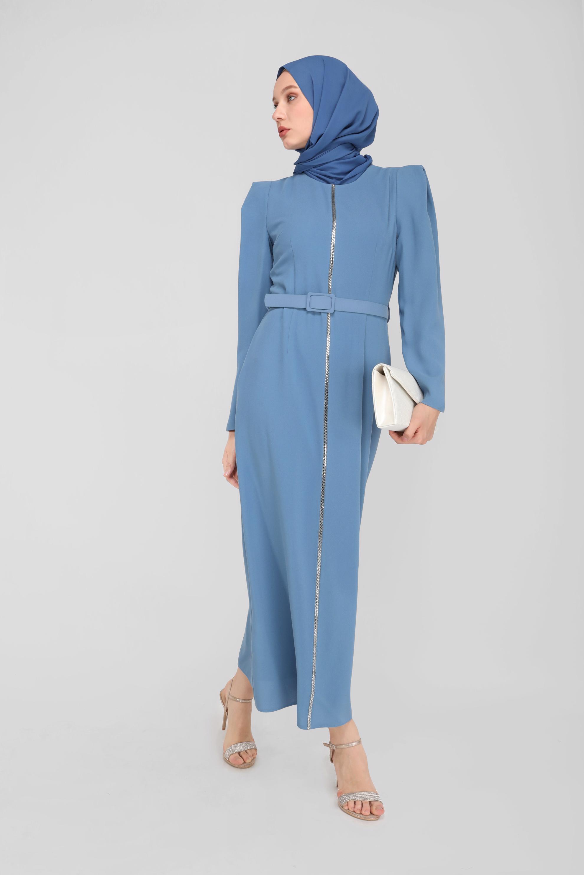 Tesettür giyim MAVİ KEMERLİ TAŞLI ELBİSE 41778