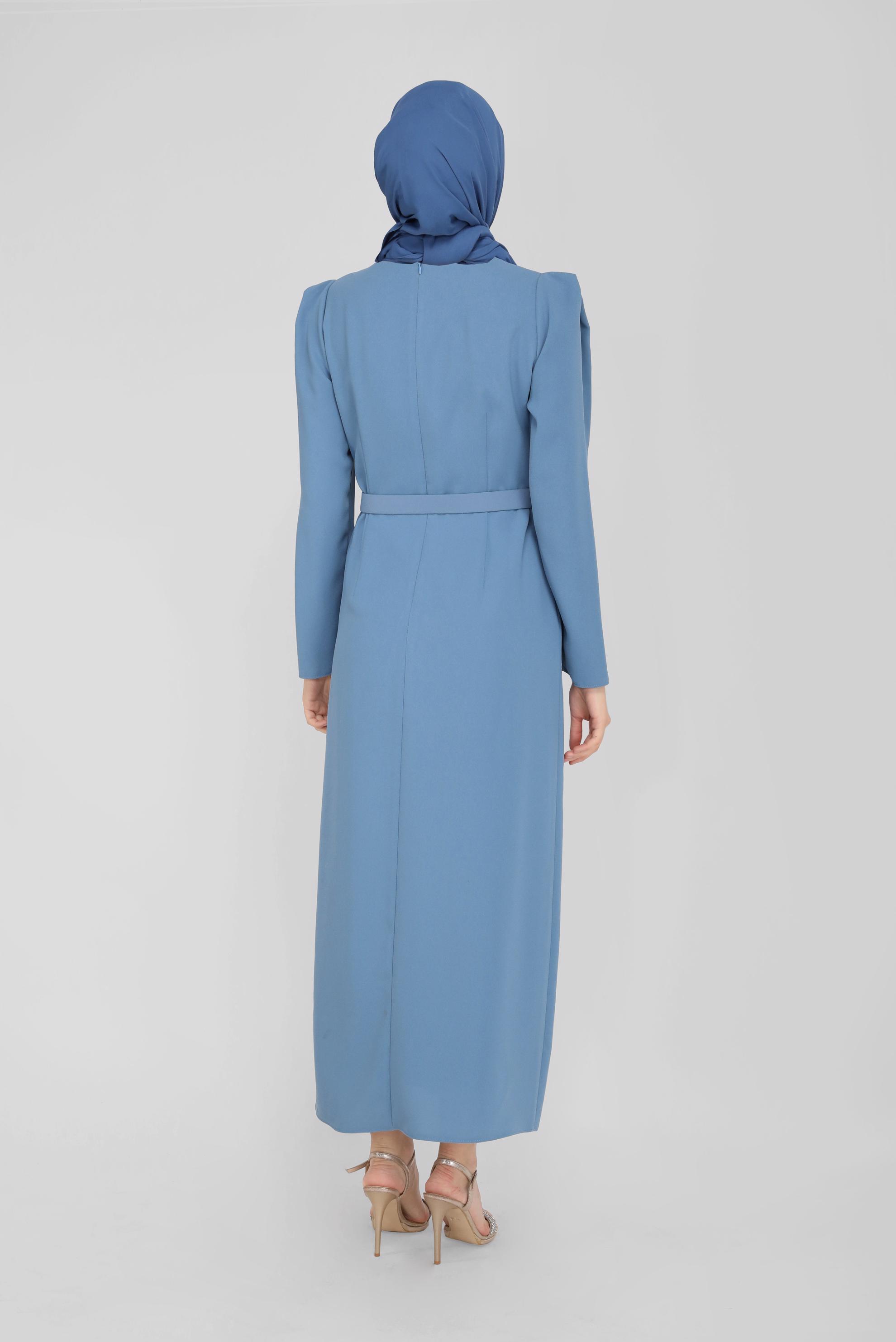Tesettür giyim MAVİ KEMERLİ TAŞLI ELBİSE 41778