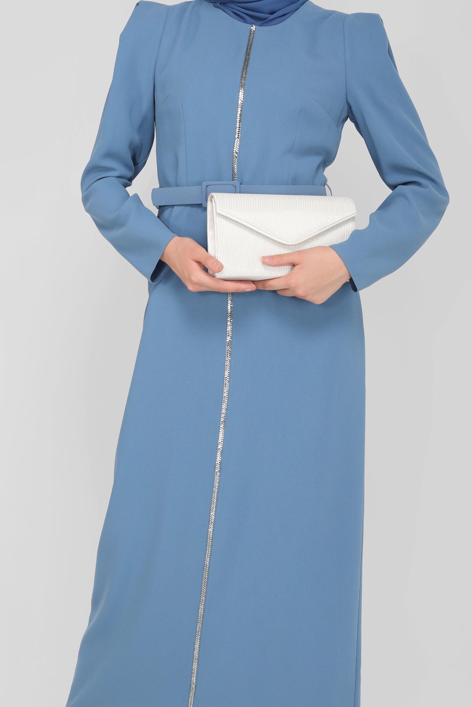 Tesettür giyim MAVİ KEMERLİ TAŞLI ELBİSE 41778