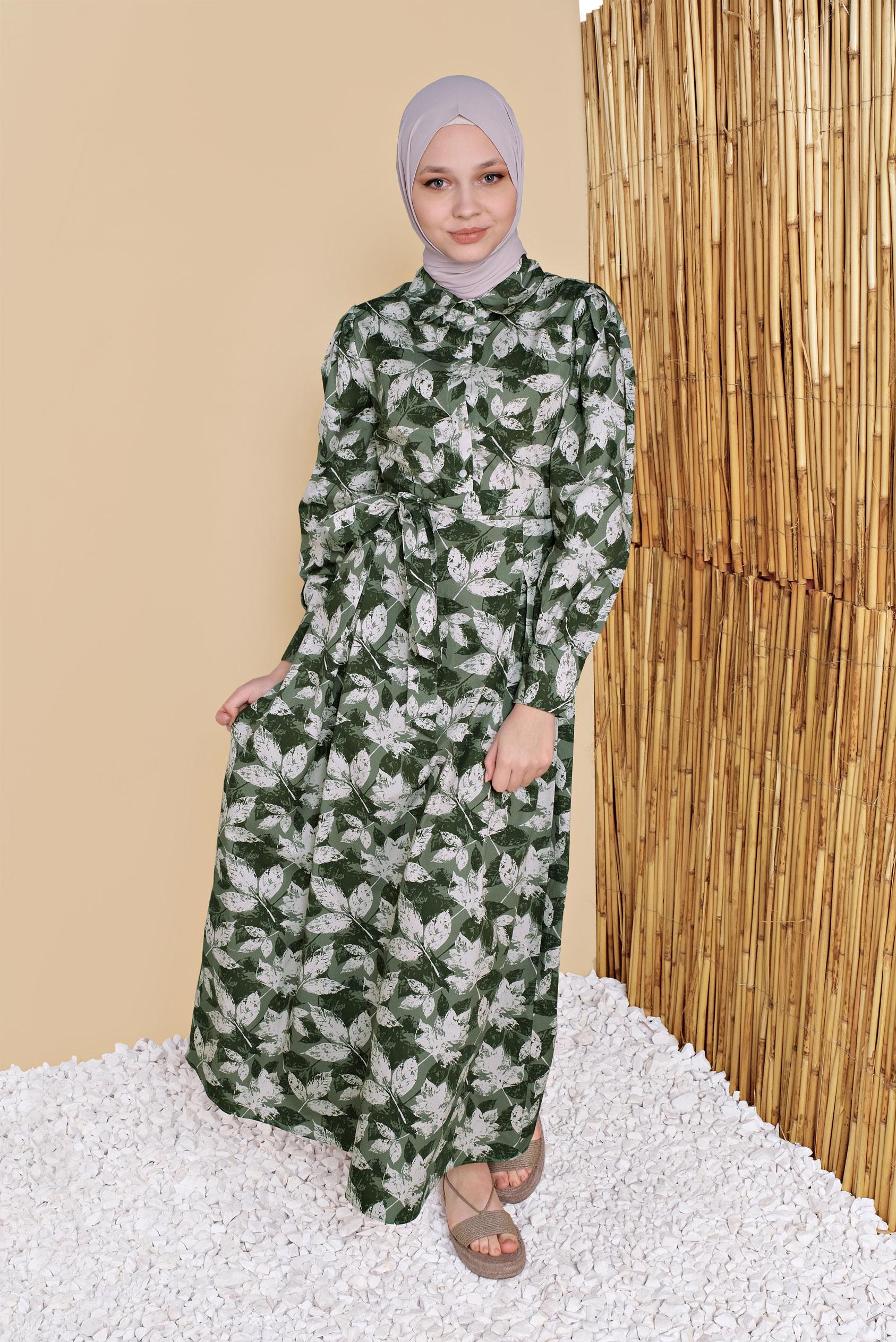 Tesettür giyim YEŞİL ÇİÇEK DESENLİ ELBİSE 41801