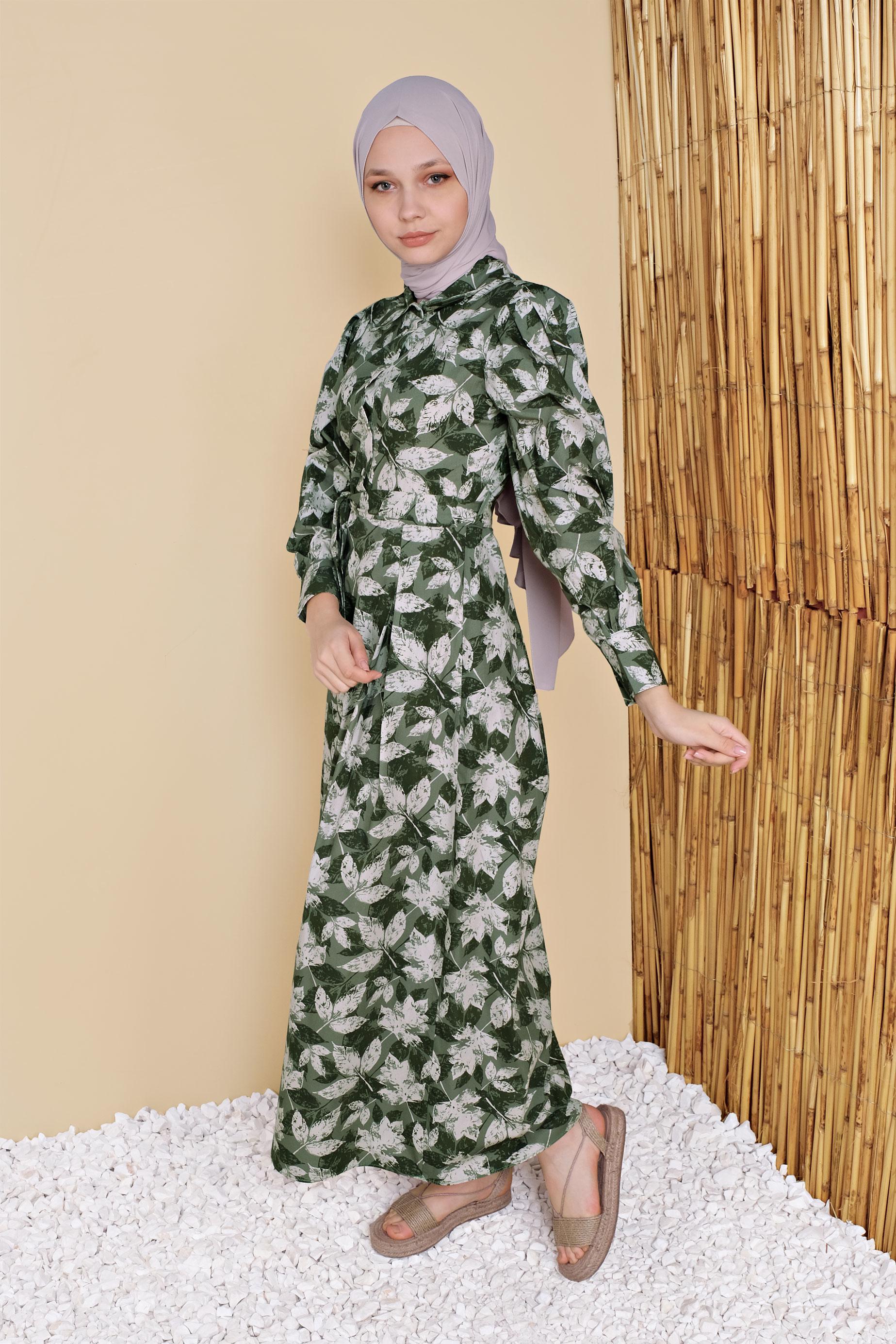 Tesettür giyim YEŞİL ÇİÇEK DESENLİ ELBİSE 41801