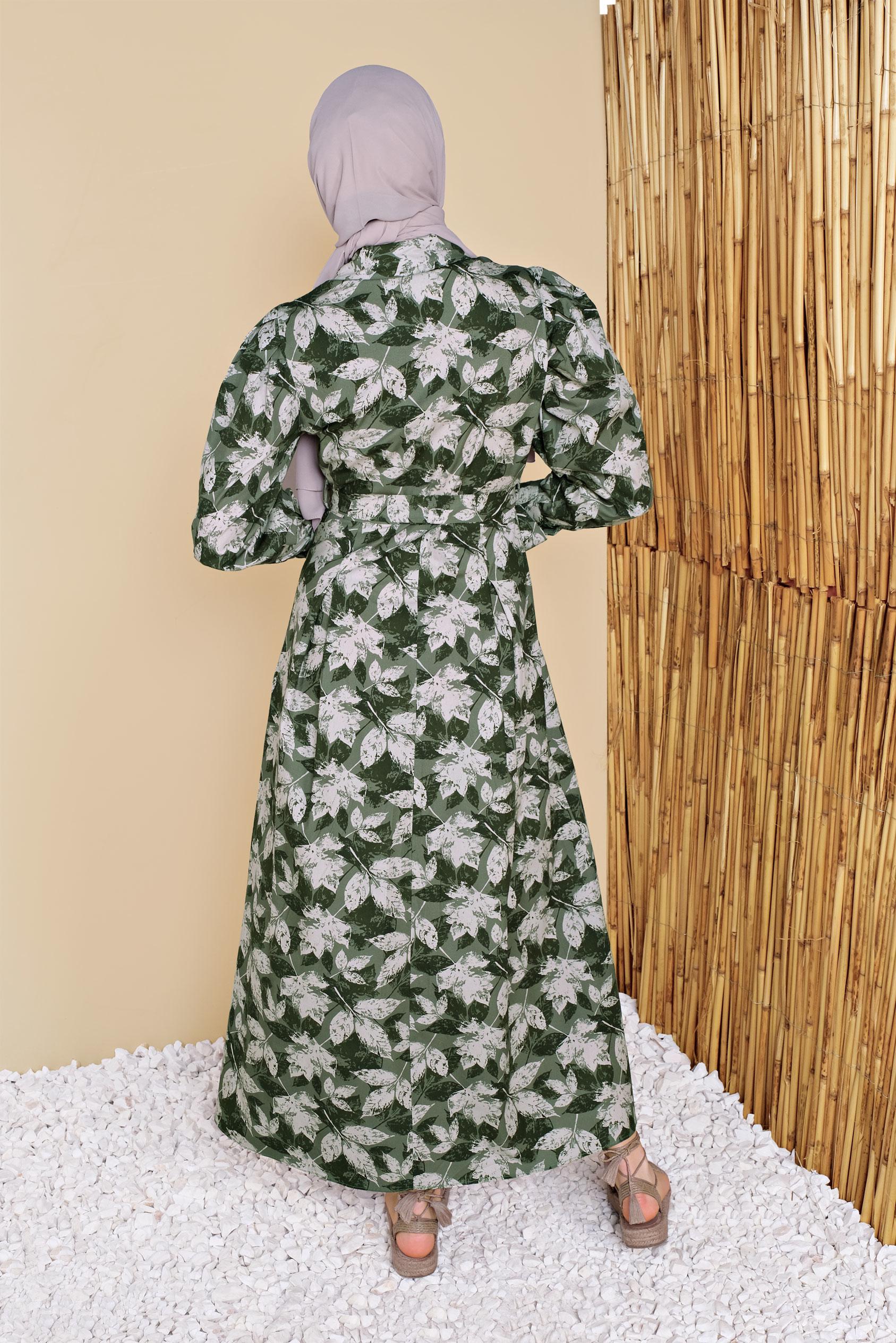 Tesettür giyim YEŞİL ÇİÇEK DESENLİ ELBİSE 41801