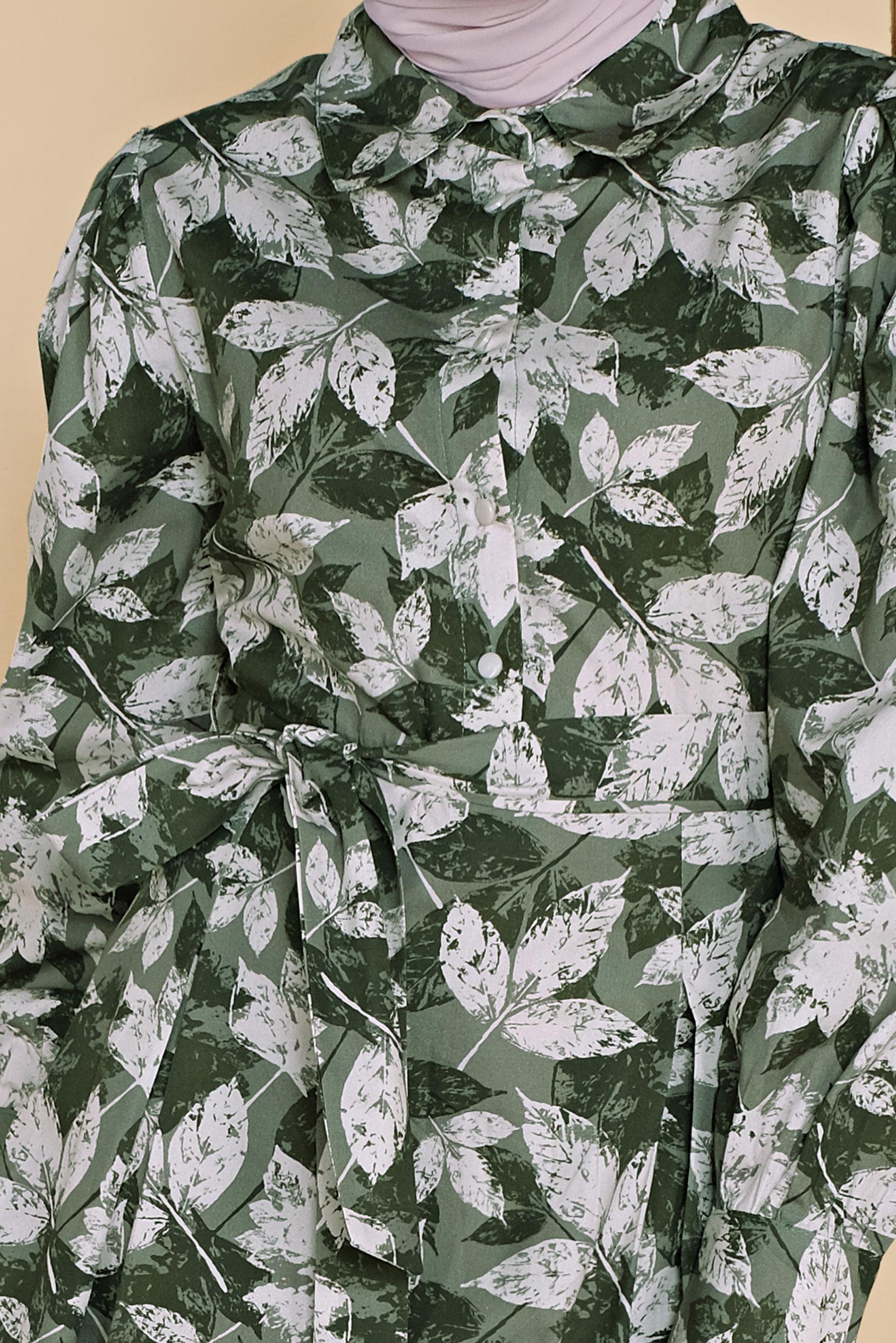 Tesettür giyim YEŞİL ÇİÇEK DESENLİ ELBİSE 41801