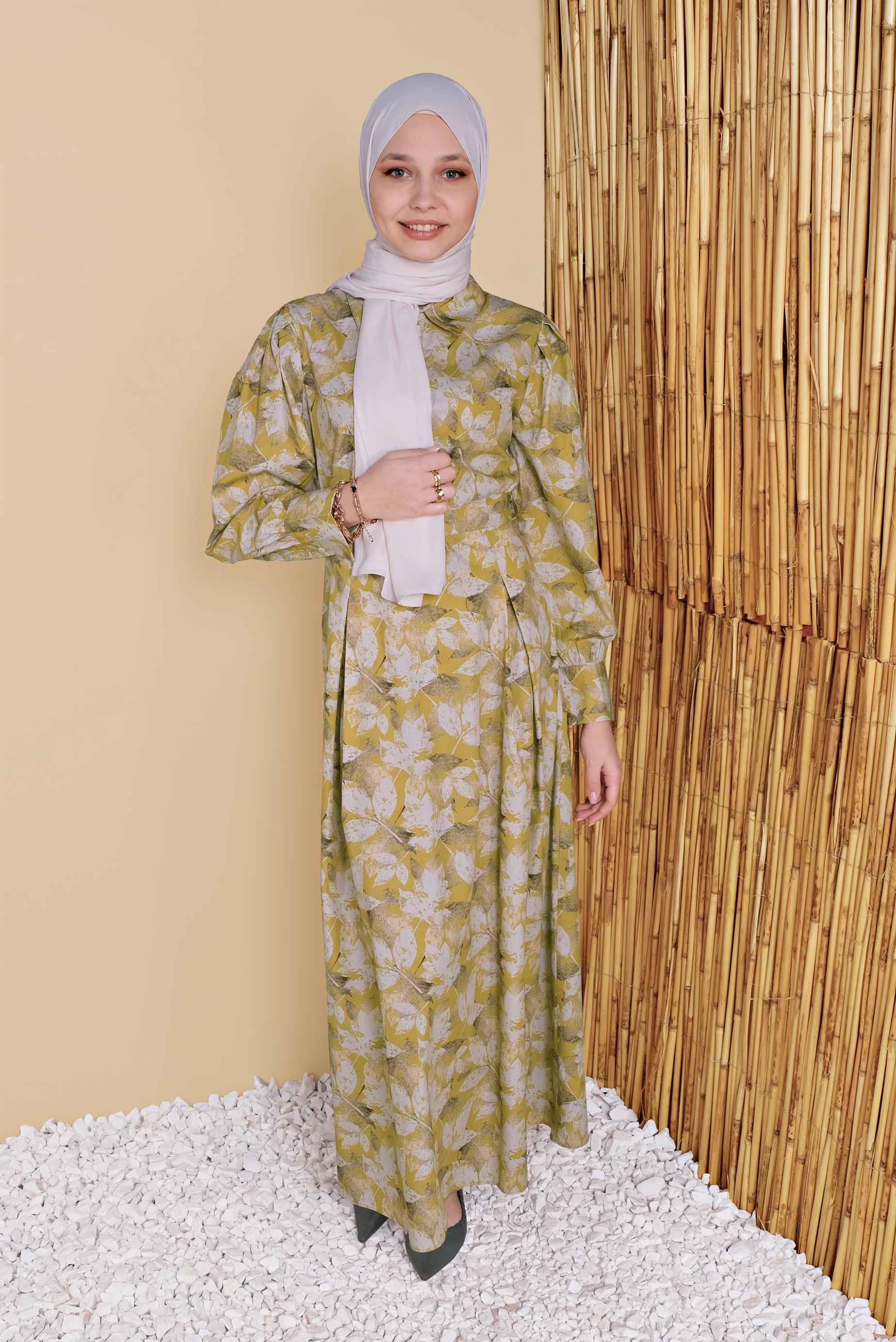 Tesettür giyim SARI ÇİÇEK DESENLİ ELBİSE 41801