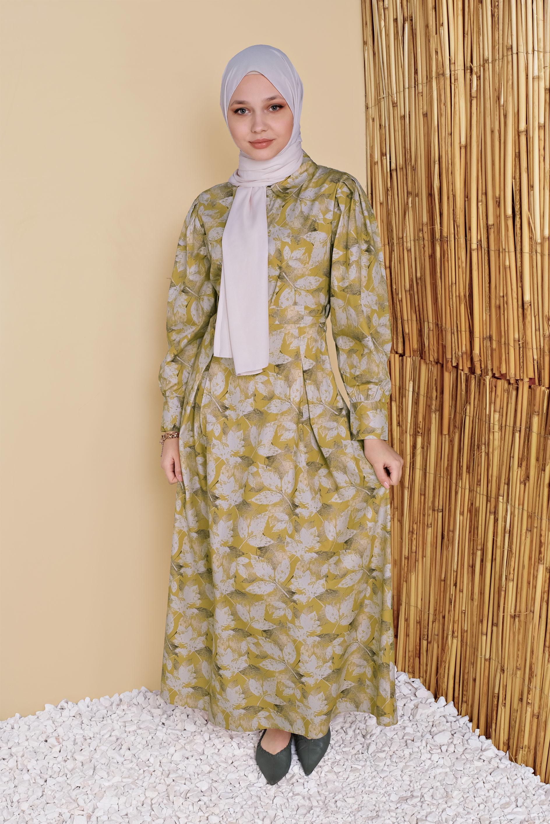 Tesettür giyim SARI ÇİÇEK DESENLİ ELBİSE 41801