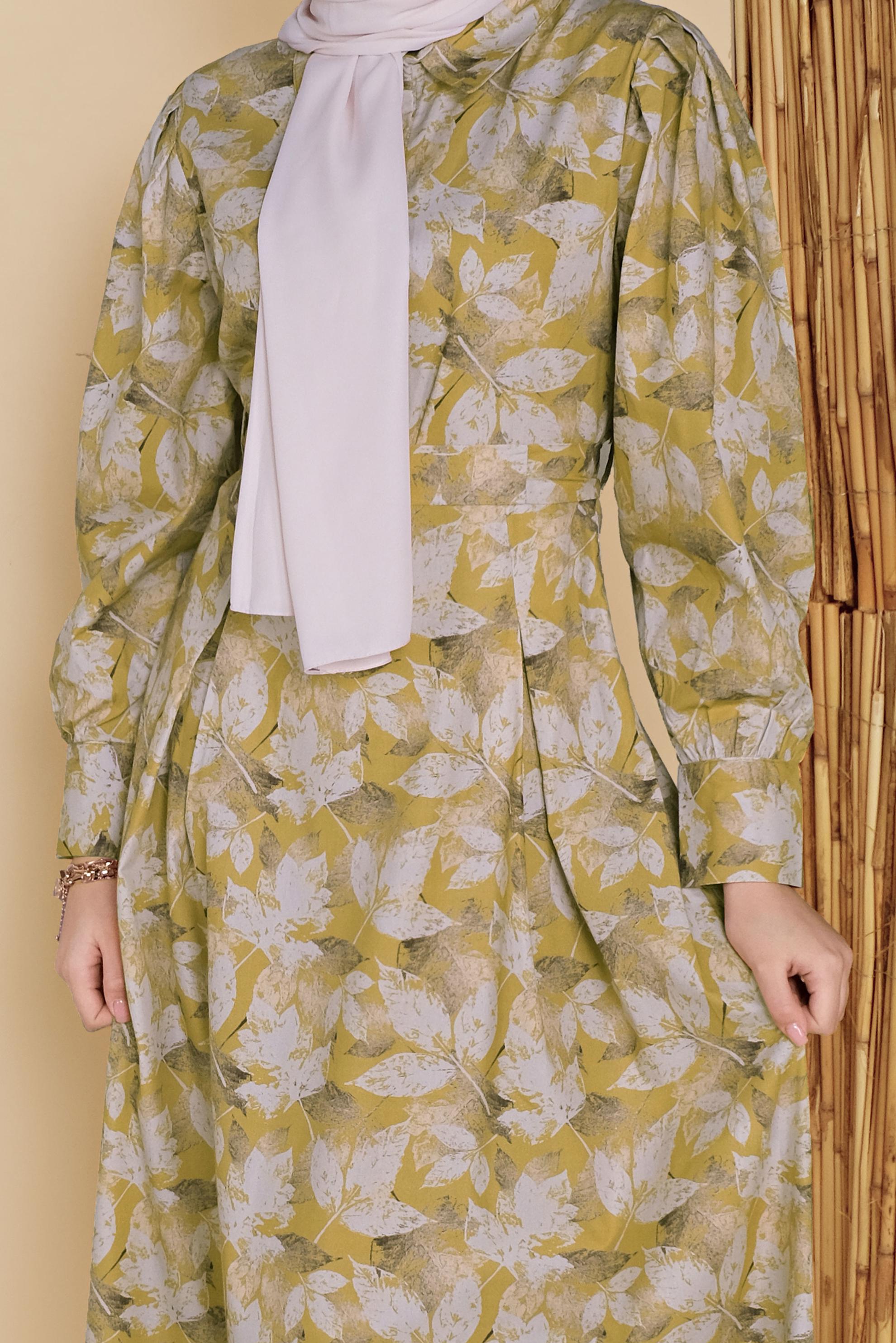 Tesettür giyim SARI ÇİÇEK DESENLİ ELBİSE 41801