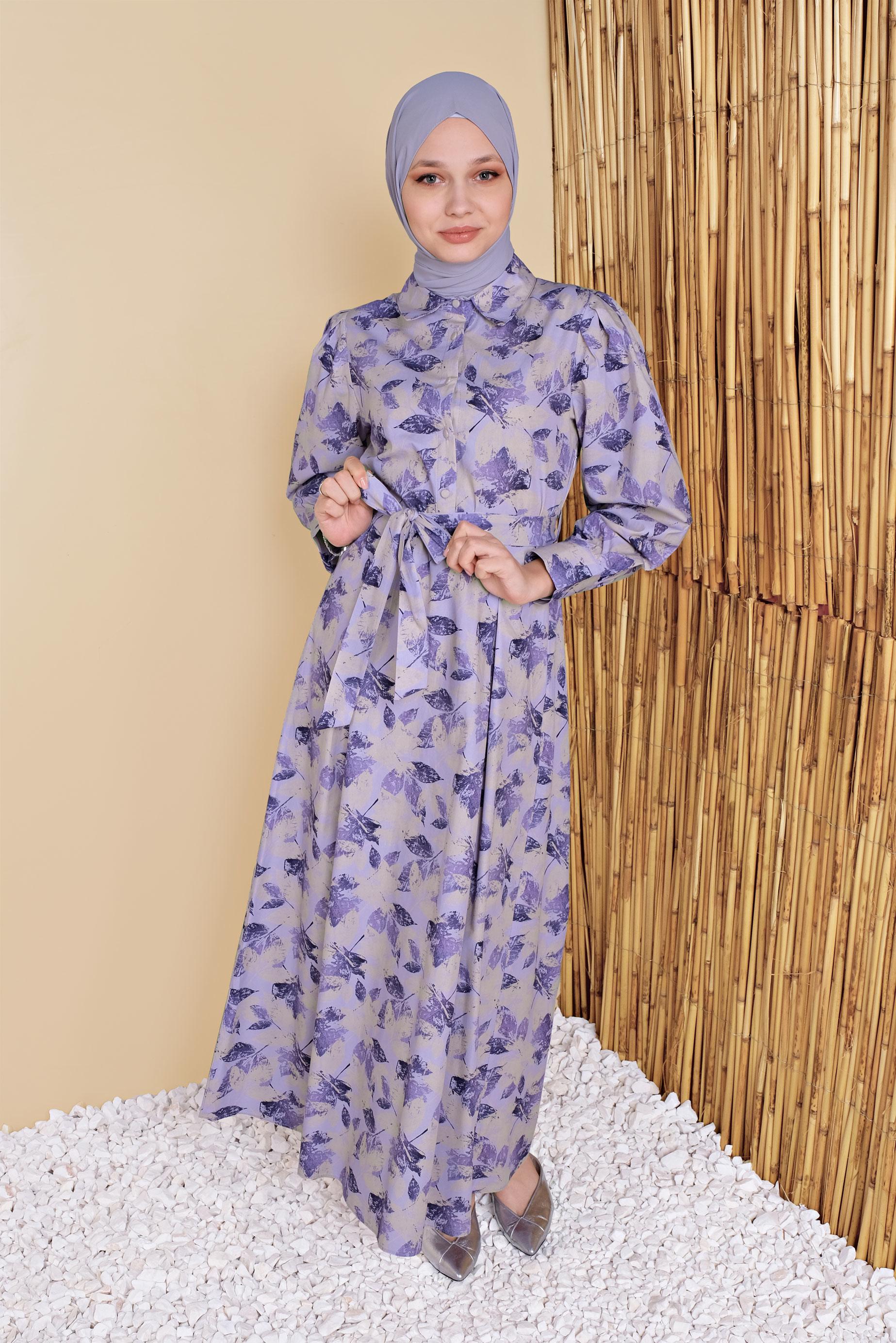 Tesettür giyim MOR ÇİÇEK DESENLİ ELBİSE 41801