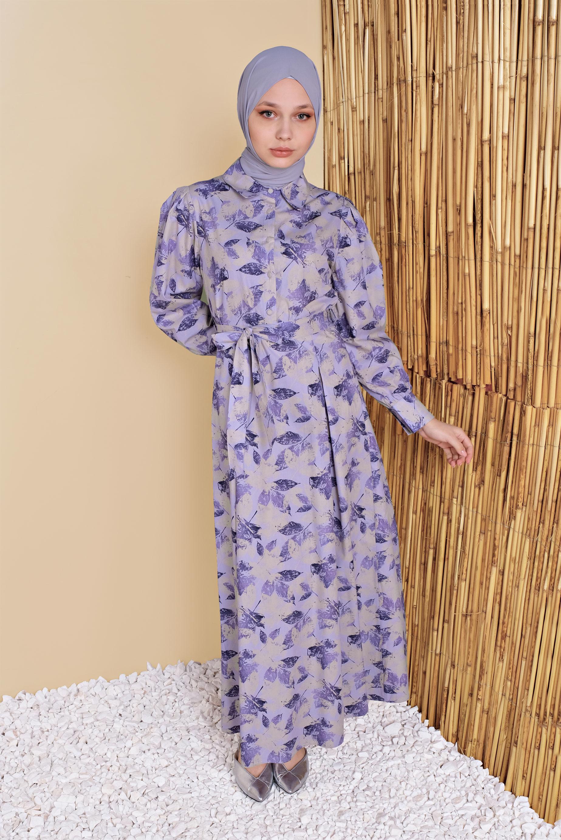 Tesettür giyim MOR ÇİÇEK DESENLİ ELBİSE 41801