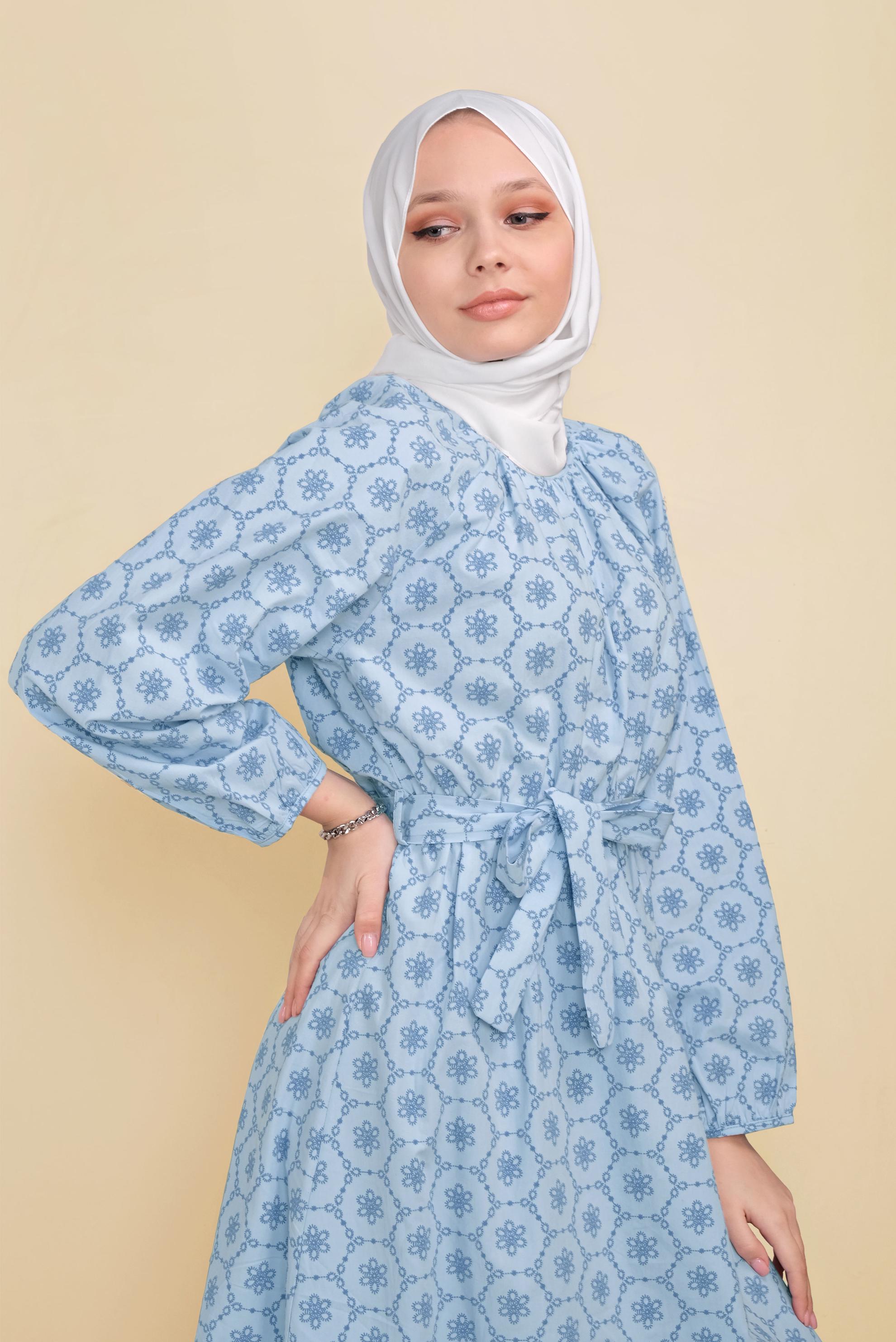 Tesettür giyim MAVİ MANŞETLERİ LASTİKLİ KUŞAKLI ELBİSE 41802