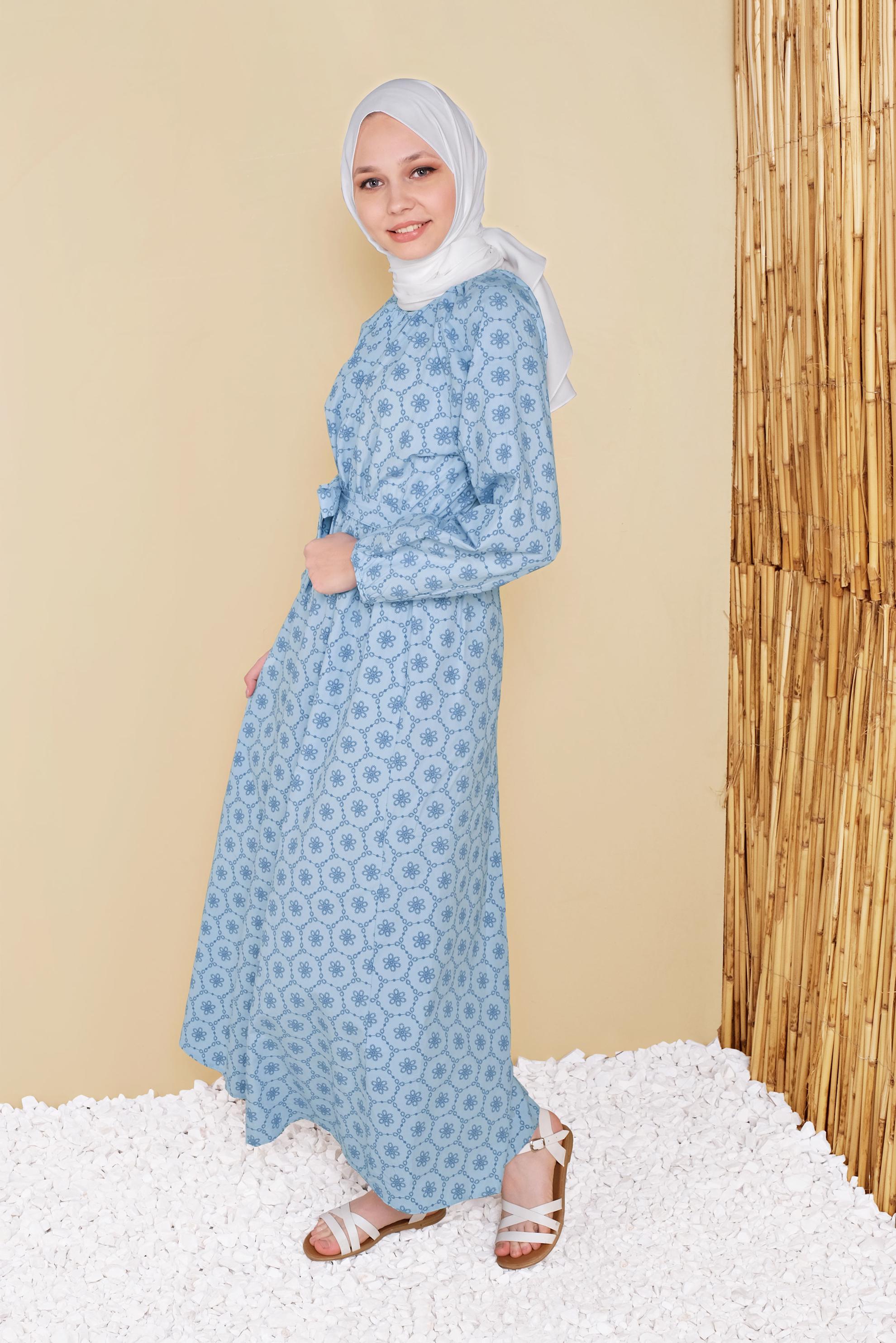 Tesettür giyim MAVİ MANŞETLERİ LASTİKLİ KUŞAKLI ELBİSE 41802