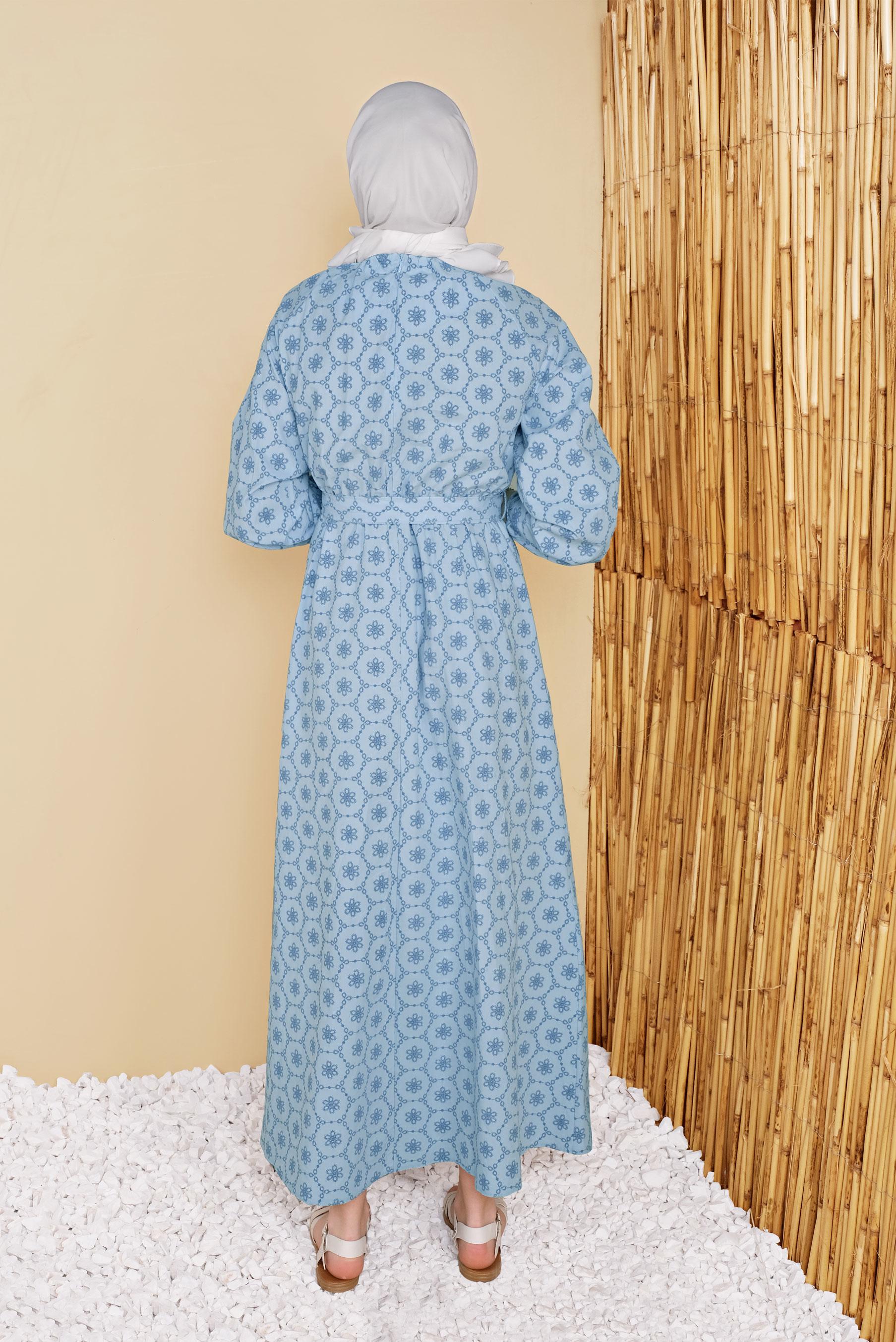 Tesettür giyim MAVİ MANŞETLERİ LASTİKLİ KUŞAKLI ELBİSE 41802