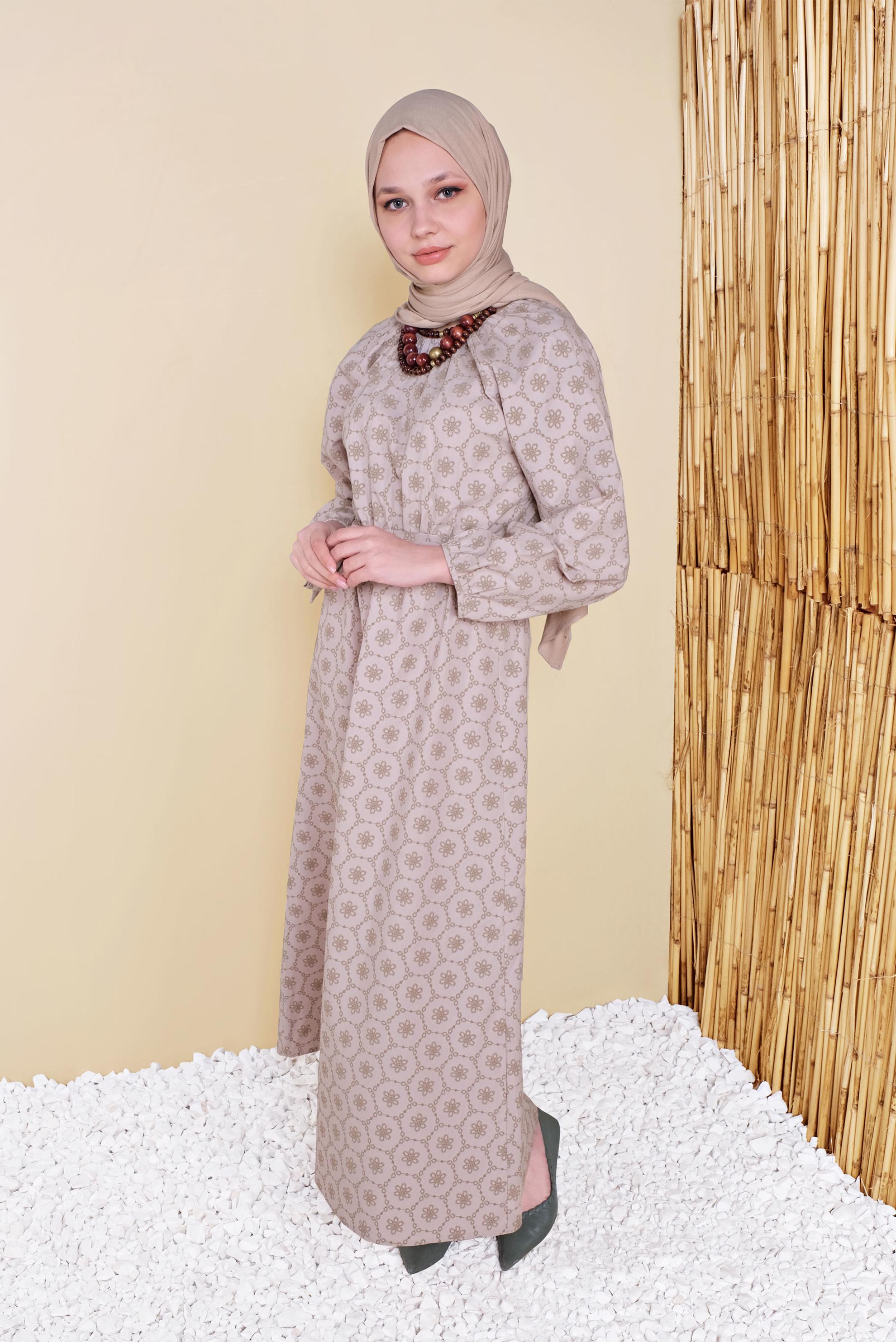 Tesettür giyim BEJ MANŞETLERİ LASTİKLİ KUŞAKLI ELBİSE 41802