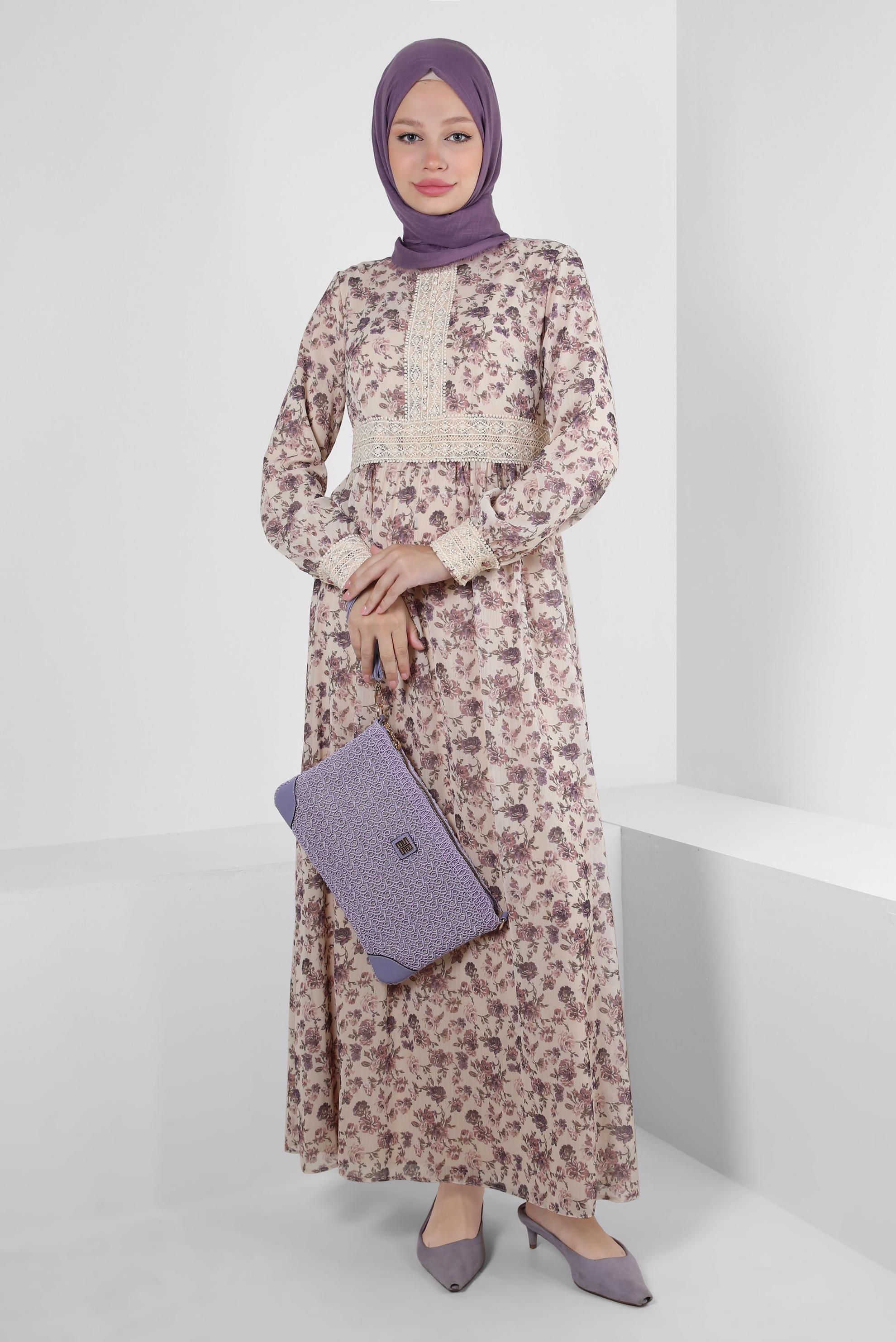 Tesettür giyim MOR ÇİÇEK DESENLİ DÜĞMELİ ELBİSE 41555-1