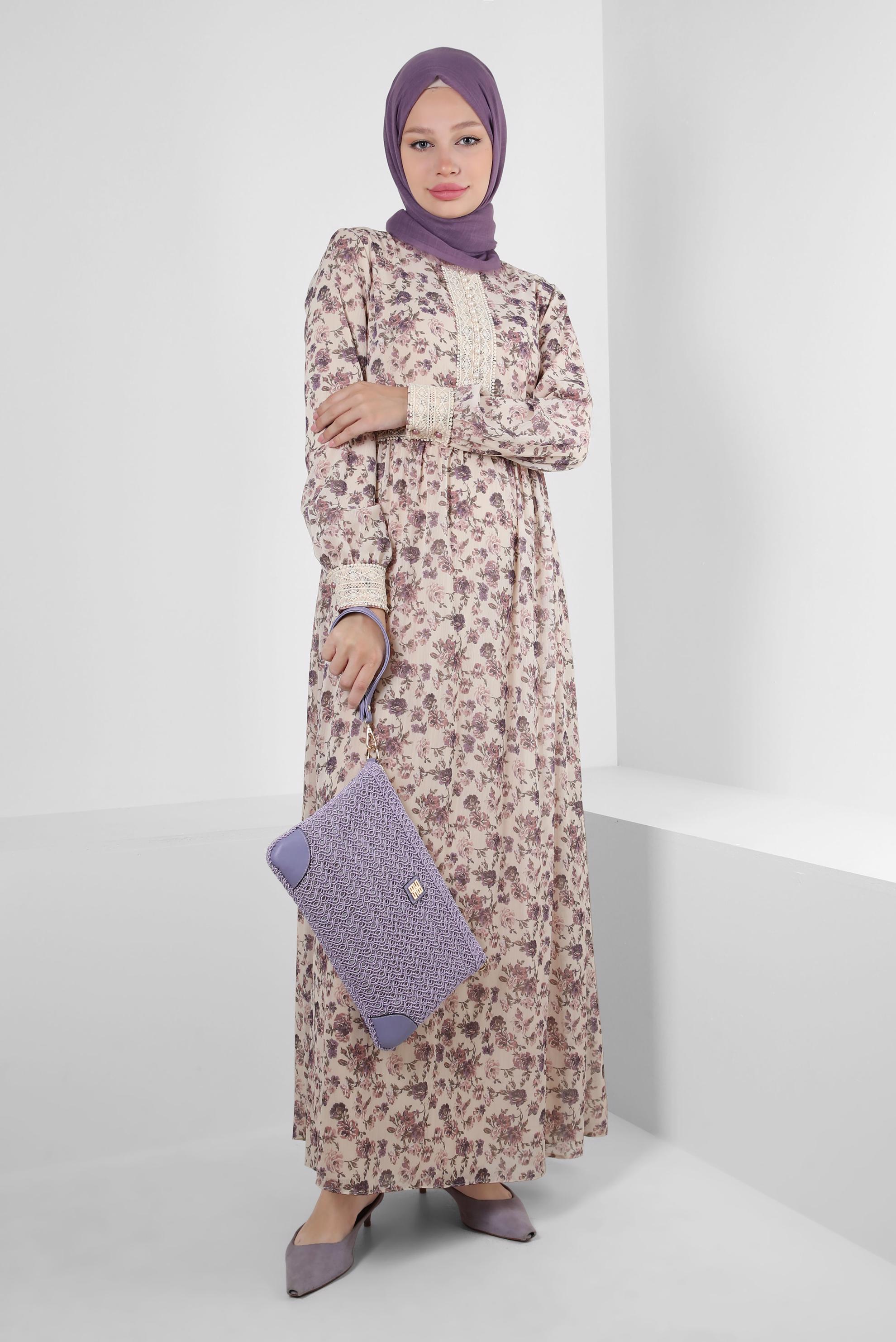 Tesettür giyim MOR ÇİÇEK DESENLİ DÜĞMELİ ELBİSE 41555-1