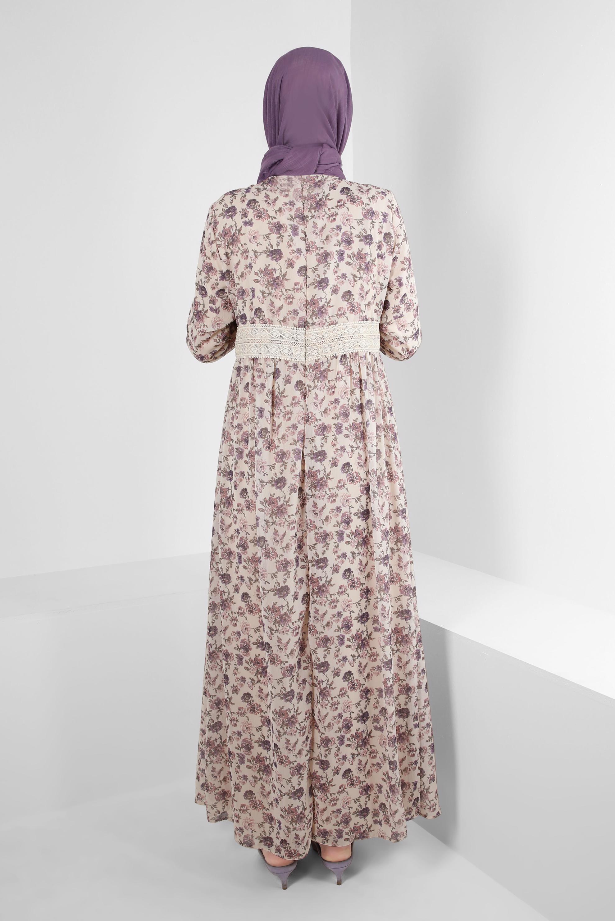 Tesettür giyim MOR ÇİÇEK DESENLİ DÜĞMELİ ELBİSE 41555-1