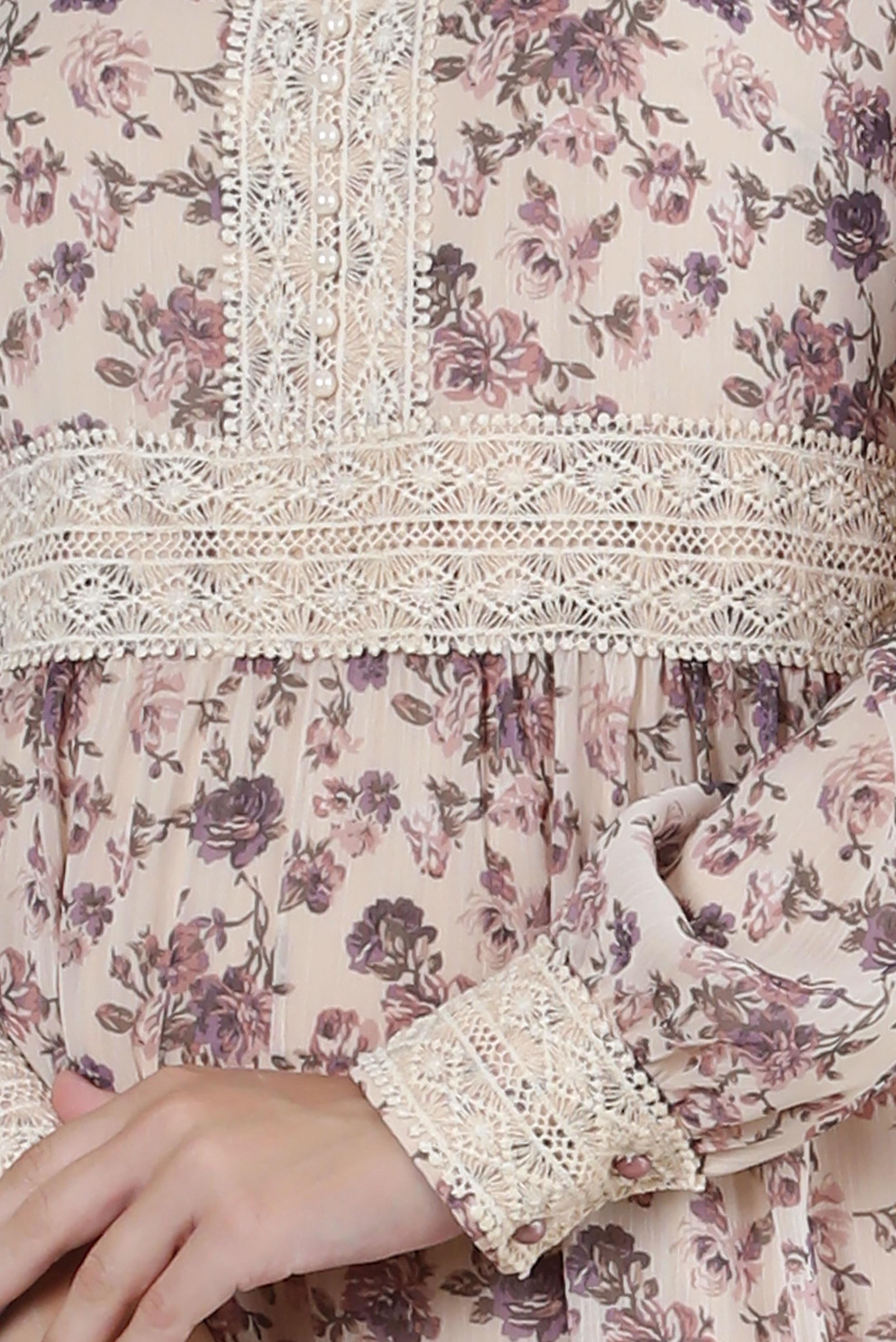 Tesettür giyim MOR ÇİÇEK DESENLİ DÜĞMELİ ELBİSE 41555-1