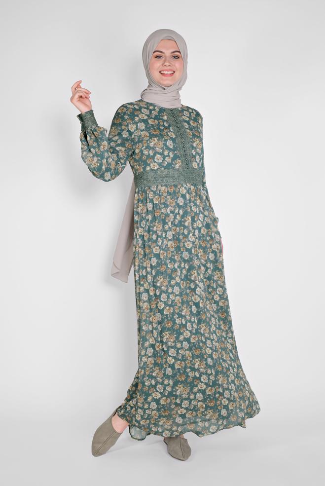 Vêtements hijab BLEU ROBE BOUTONNÉE MOTIF FLEURI 41555-1 - ALVİNA