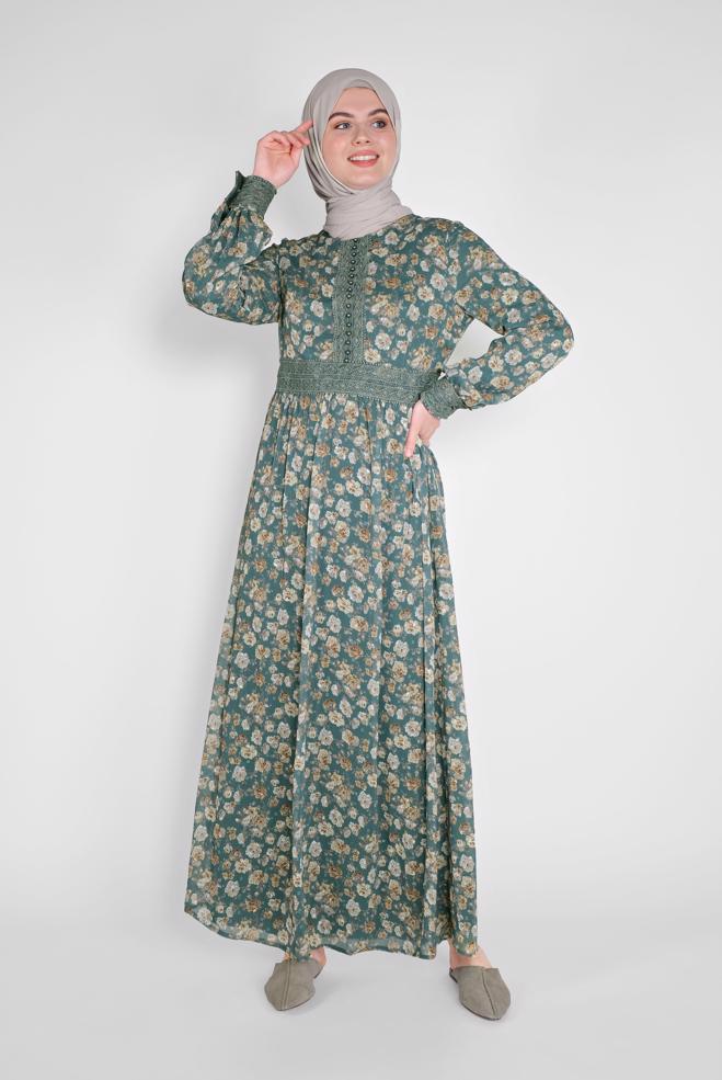 Vêtements hijab BLEU ROBE BOUTONNÉE MOTIF FLEURI 41555-1 - ALVİNA