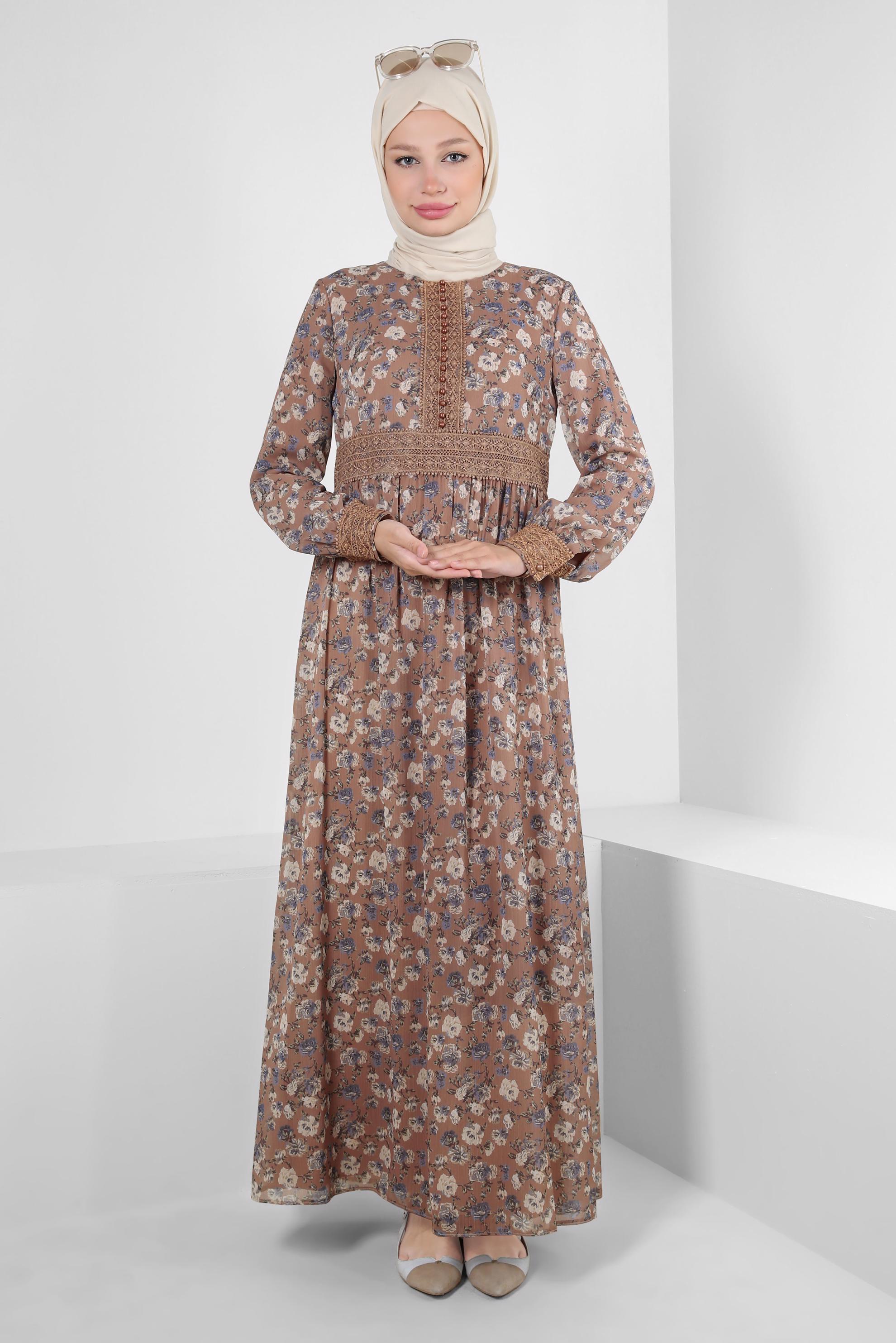 Tesettür giyim VİZON ÇİÇEK DESENLİ DÜĞMELİ ELBİSE 41555-1