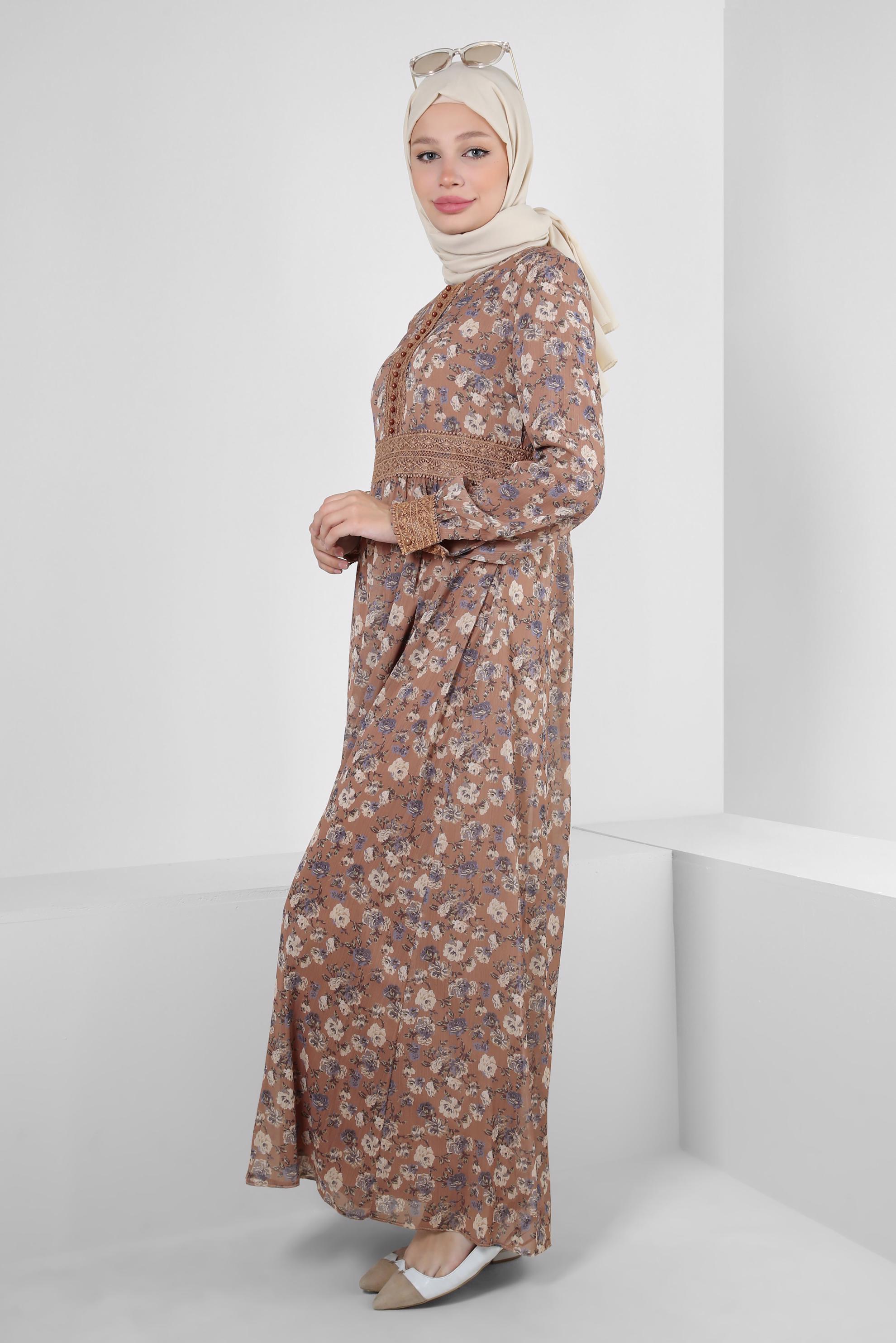 Tesettür giyim VİZON ÇİÇEK DESENLİ DÜĞMELİ ELBİSE 41555-1