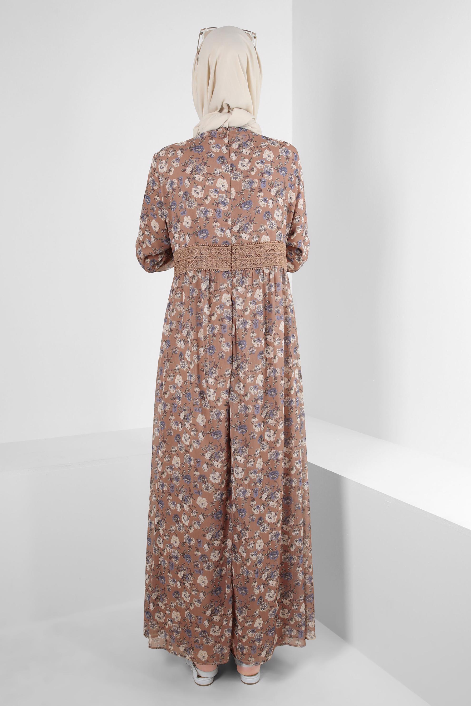 Tesettür giyim VİZON ÇİÇEK DESENLİ DÜĞMELİ ELBİSE 41555-1