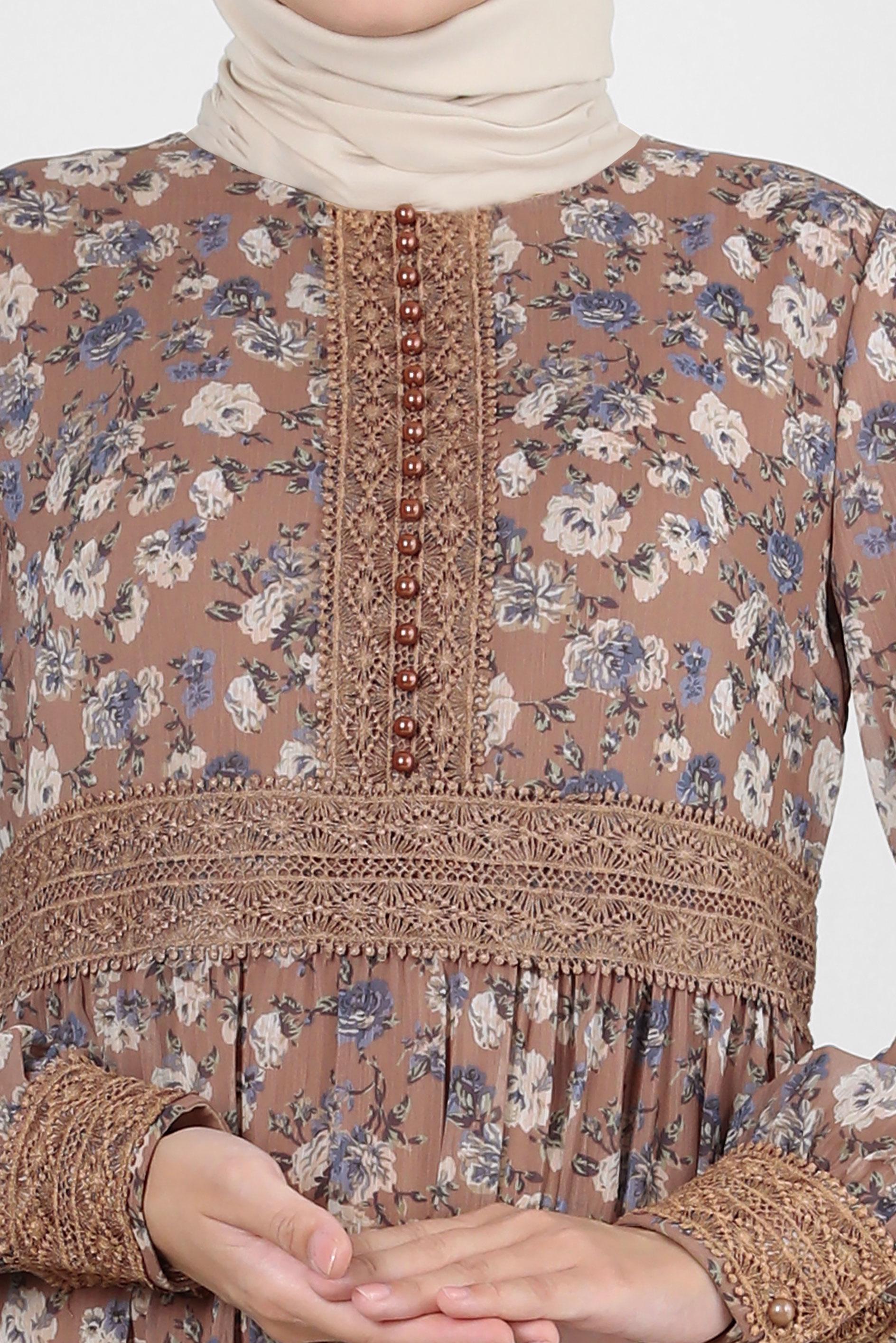 Tesettür giyim VİZON ÇİÇEK DESENLİ DÜĞMELİ ELBİSE 41555-1