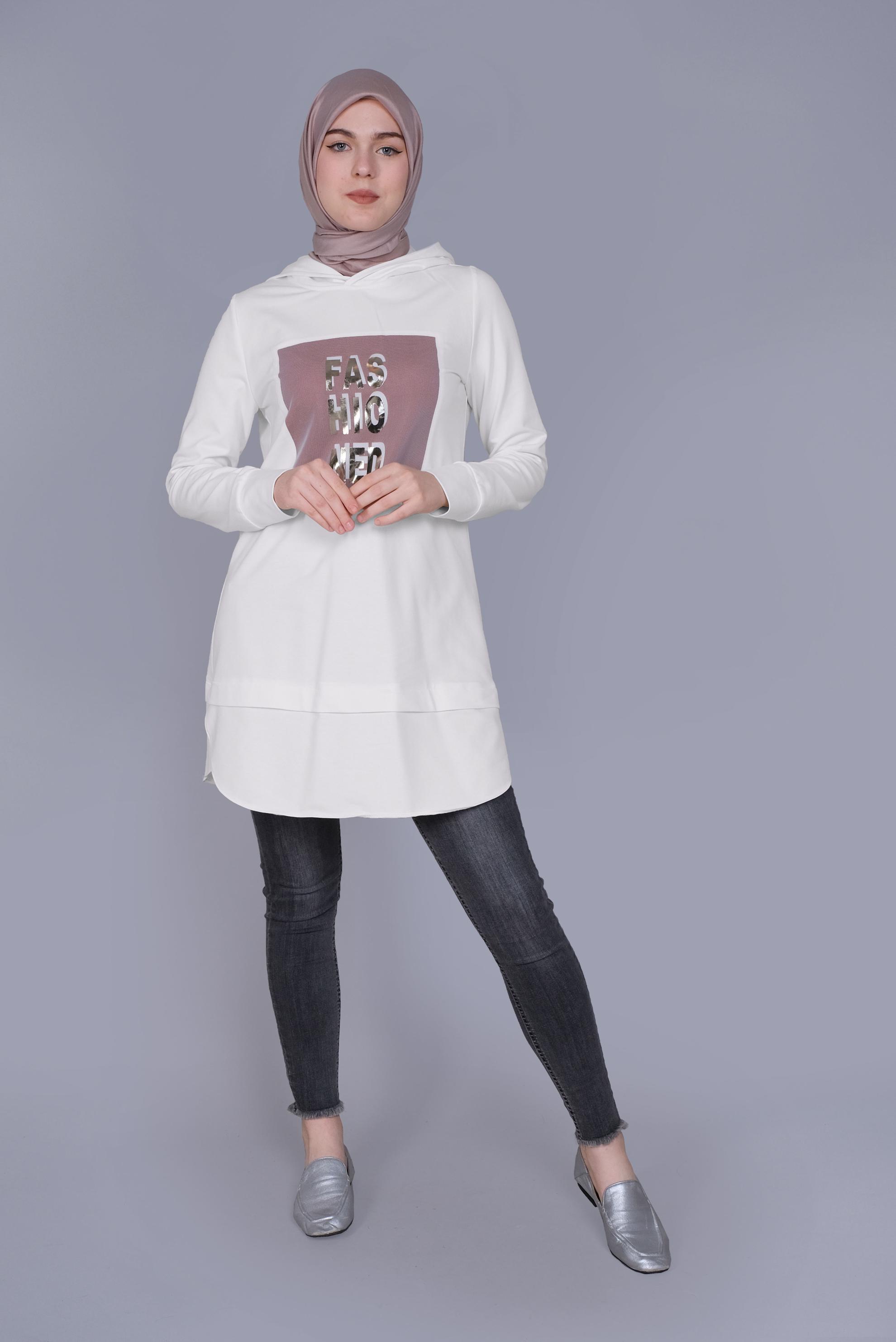 Tesettür giyim BEYAZ YAZI BASKILI EŞOFMAN TUNİK  41150