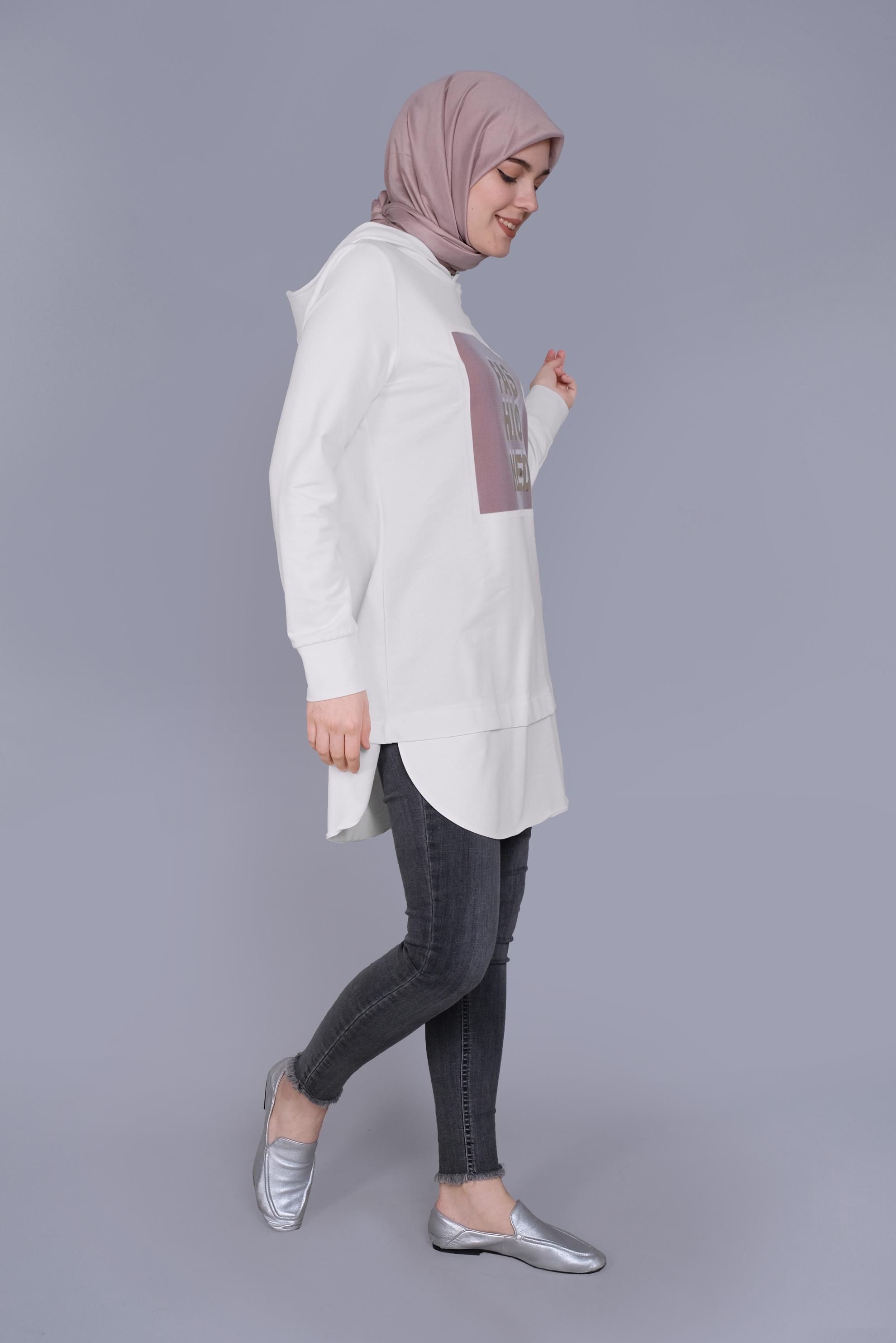 Tesettür giyim BEYAZ YAZI BASKILI EŞOFMAN TUNİK  41150