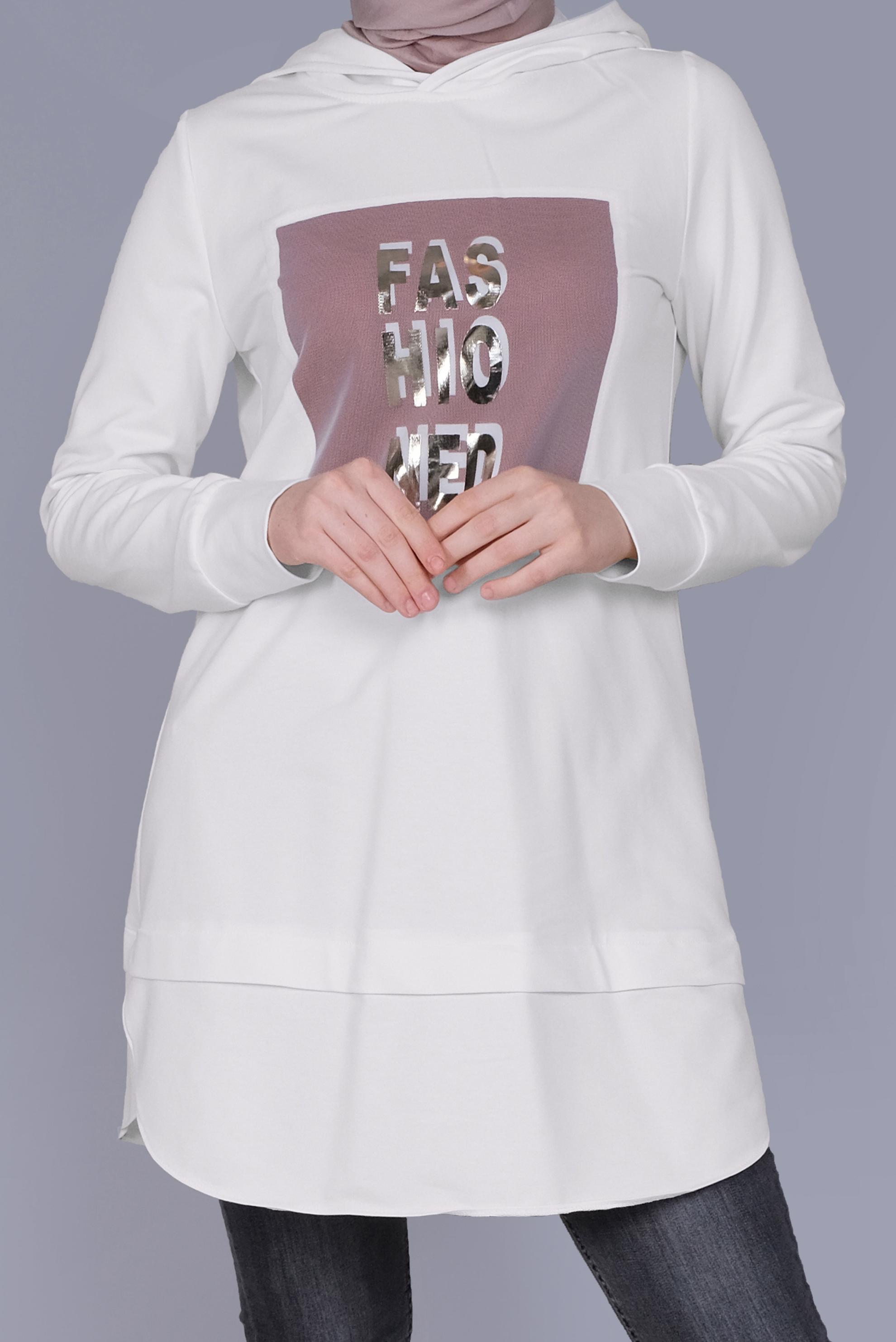 Tesettür giyim BEYAZ YAZI BASKILI EŞOFMAN TUNİK  41150