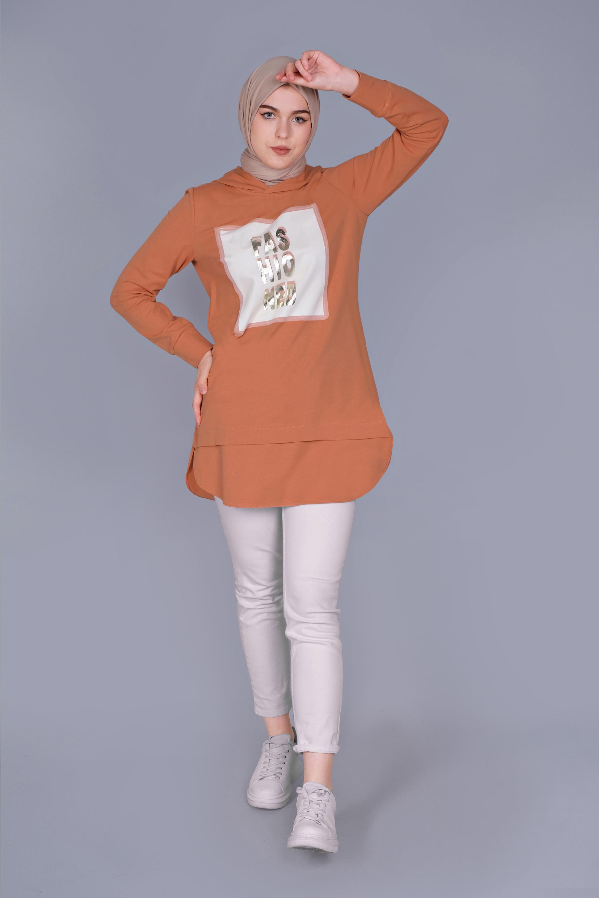 Tesettür giyim TURUNCU YAZI BASKILI EŞOFMAN TUNİK  41150
