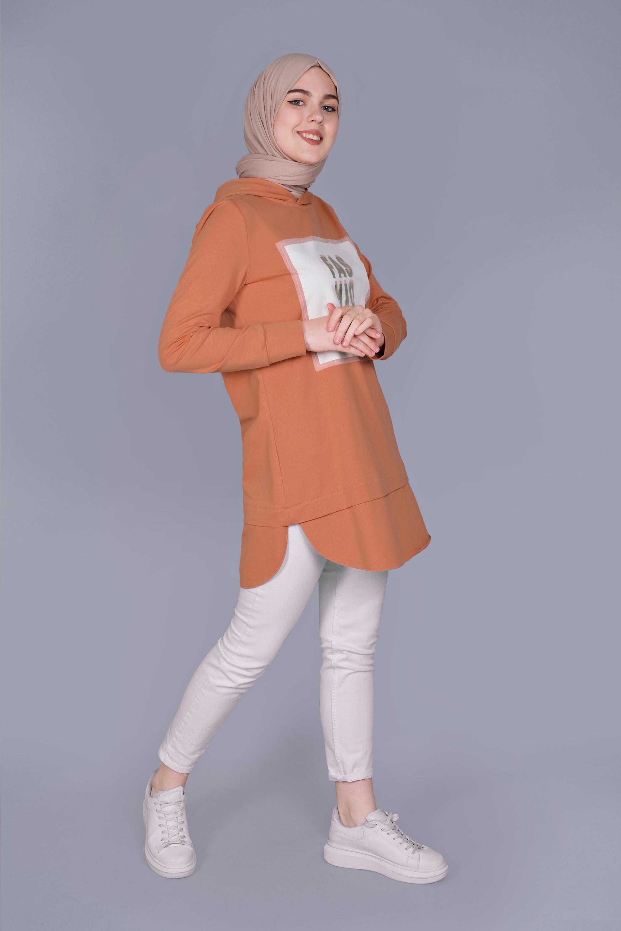 Tesettür giyim TURUNCU YAZI BASKILI EŞOFMAN TUNİK  41150