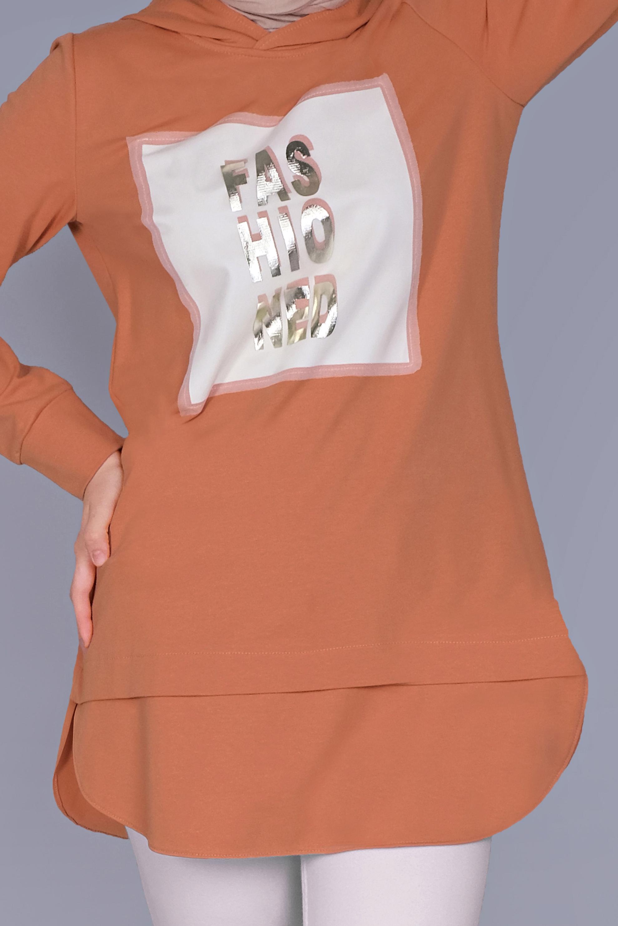 Tesettür giyim TURUNCU YAZI BASKILI EŞOFMAN TUNİK  41150