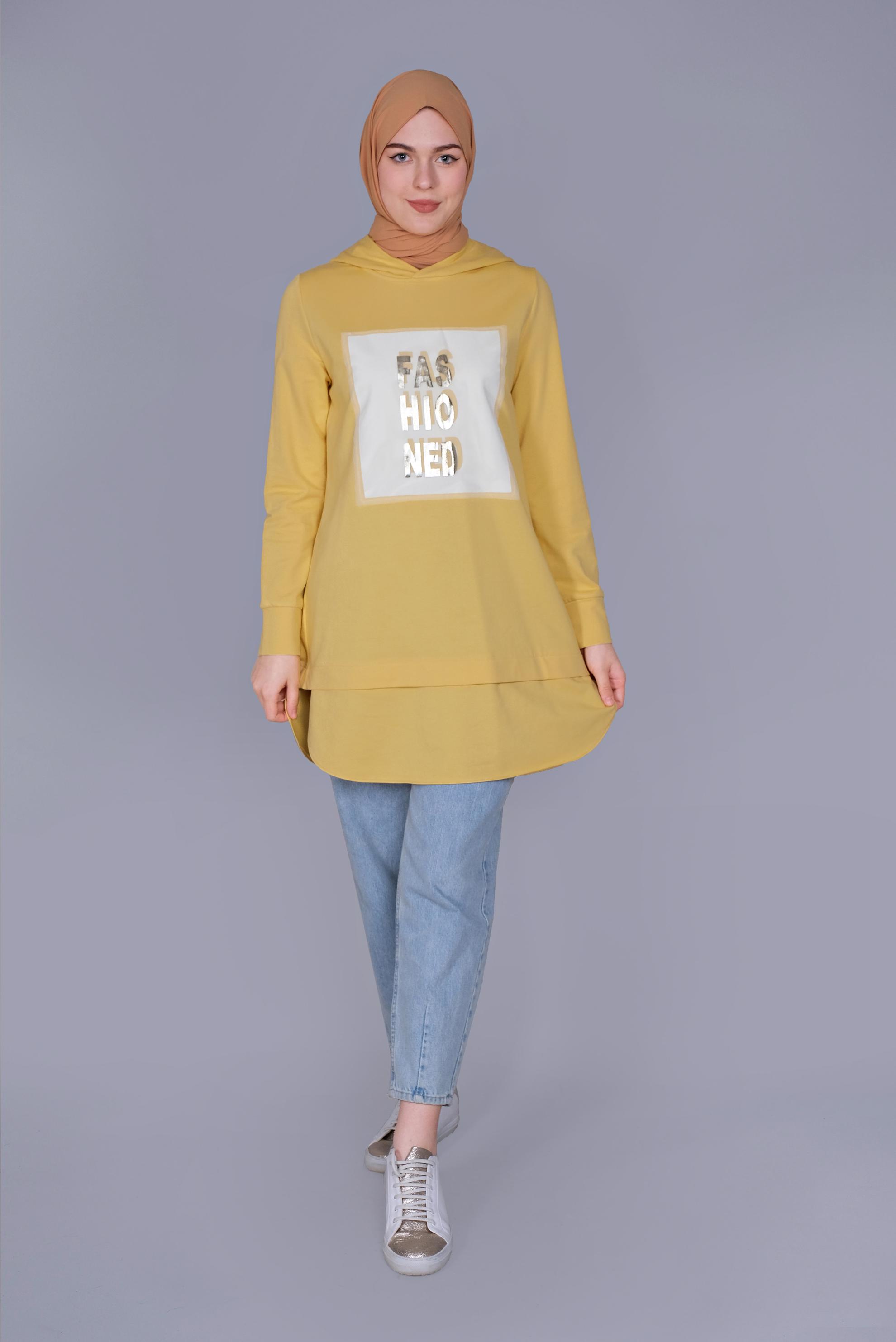 Tesettür giyim SARI YAZI BASKILI EŞOFMAN TUNİK  41150