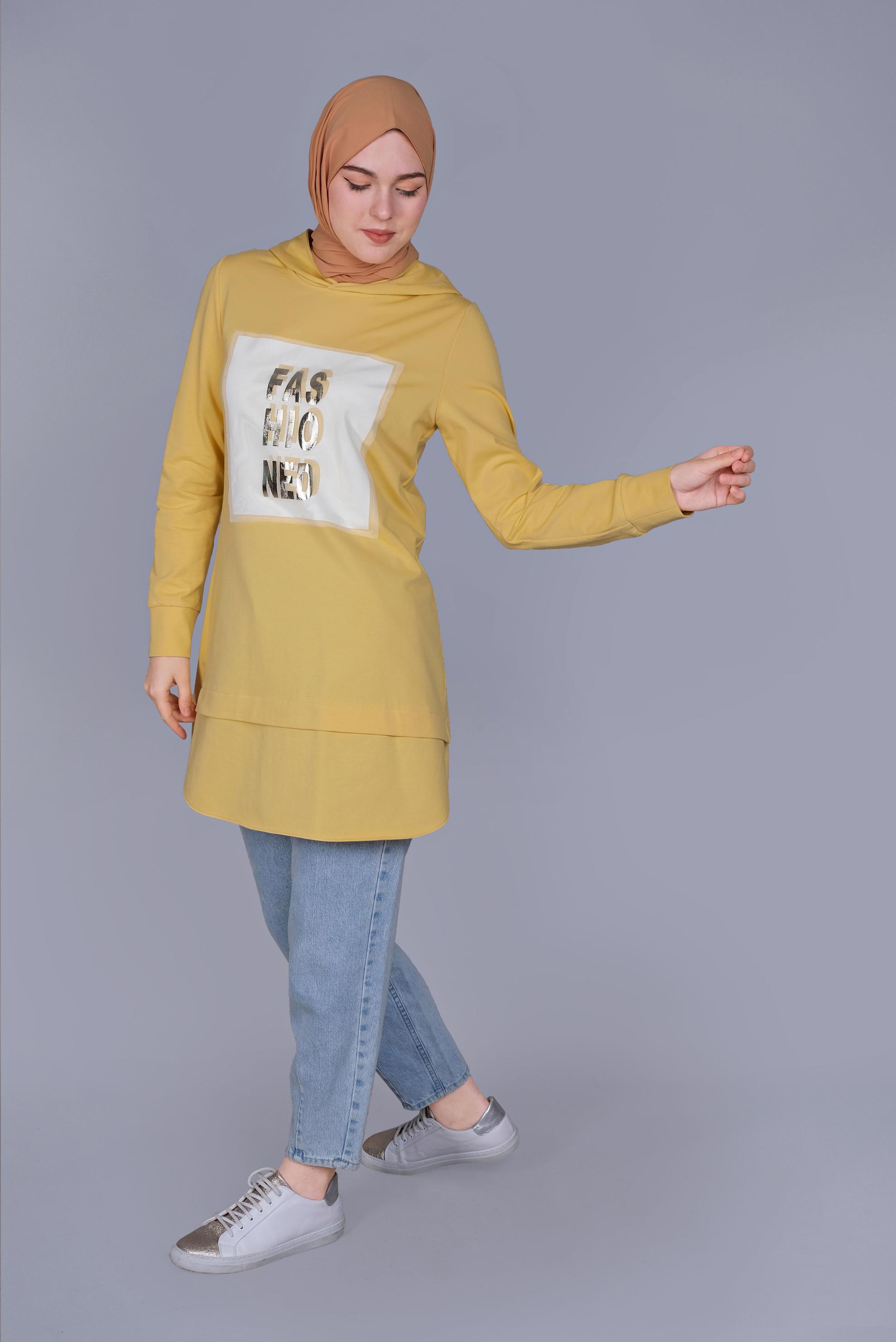 Tesettür giyim SARI YAZI BASKILI EŞOFMAN TUNİK  41150