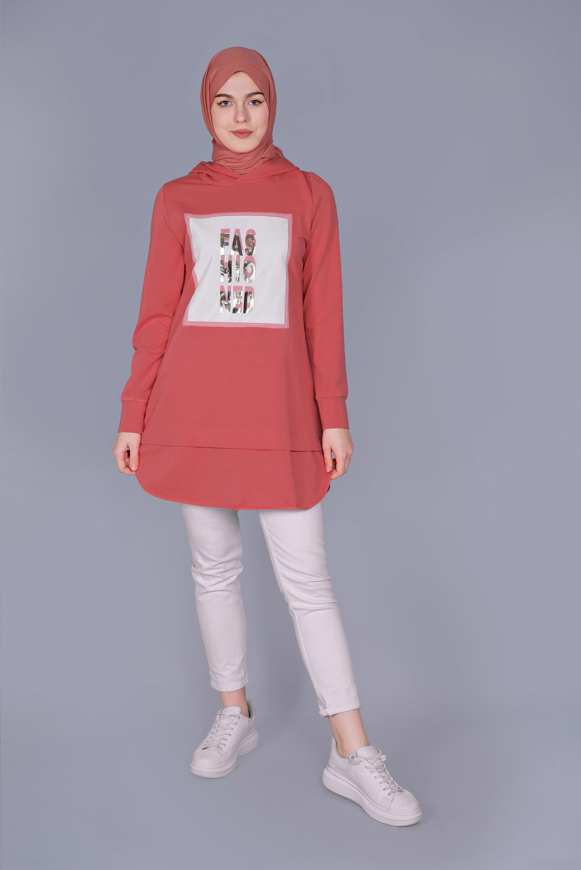 Tesettür giyim MERCAN YAZI BASKILI EŞOFMAN TUNİK  41150