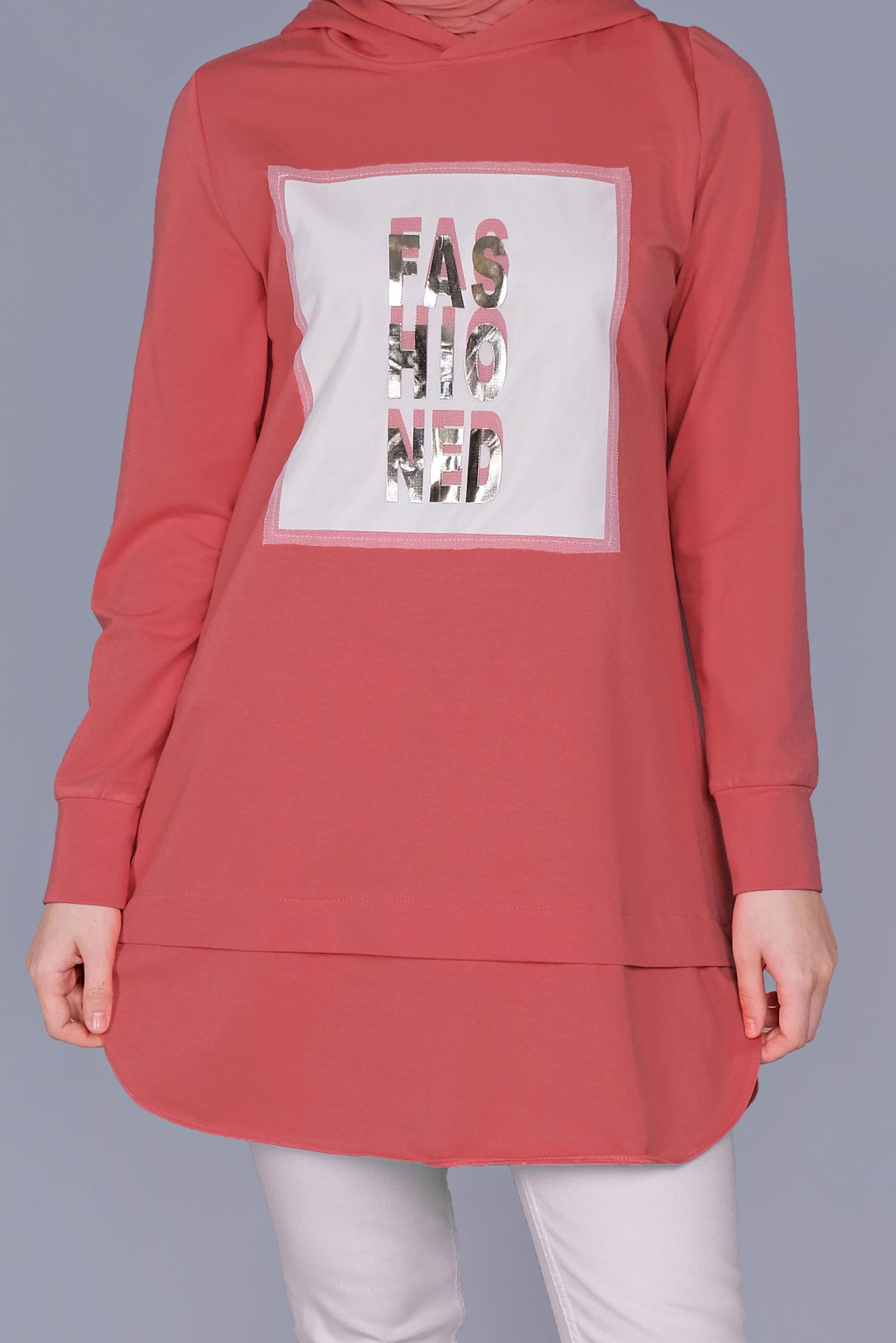 Tesettür giyim MERCAN YAZI BASKILI EŞOFMAN TUNİK  41150