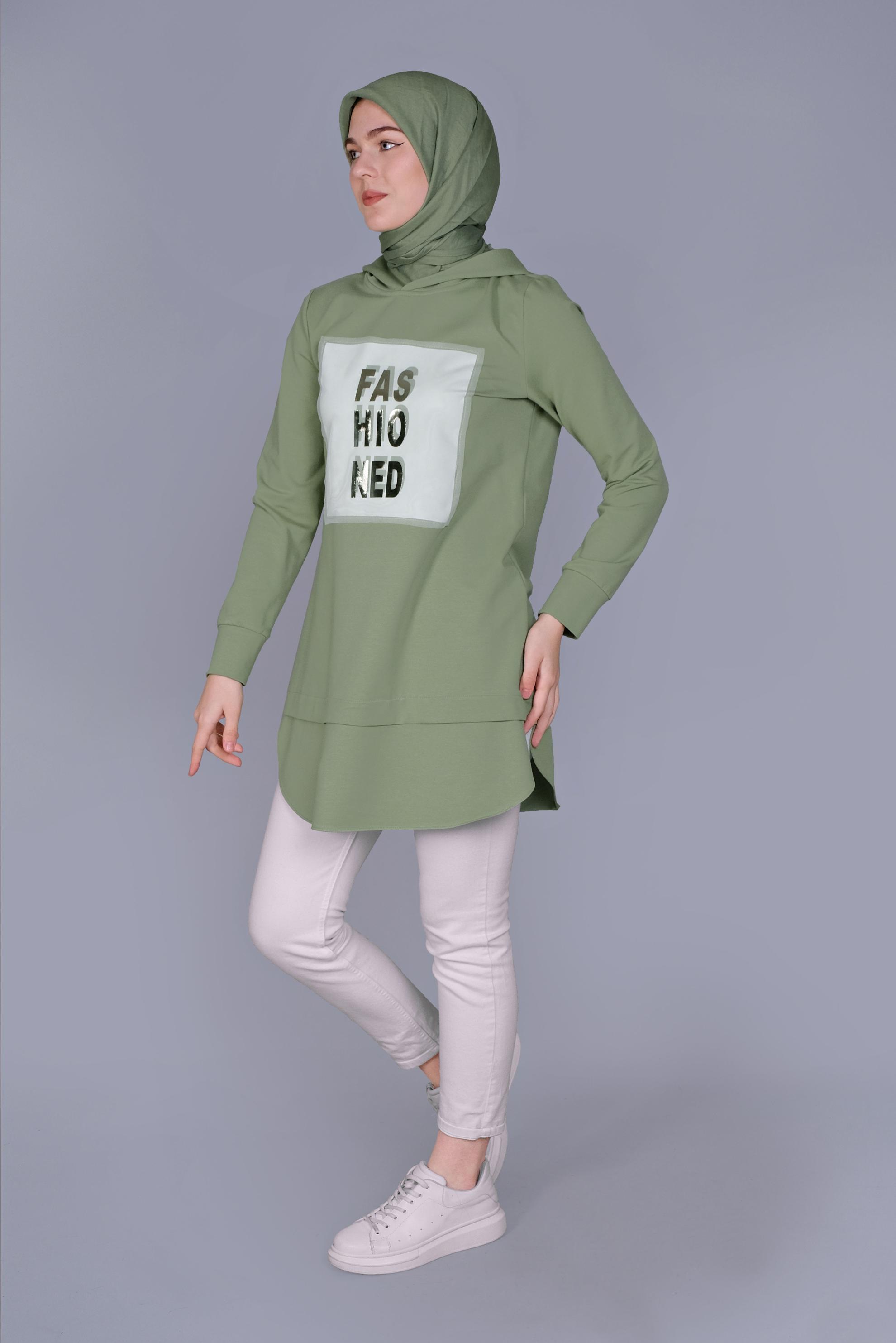 Tesettür giyim YEŞİL YAZI BASKILI EŞOFMAN TUNİK  41150