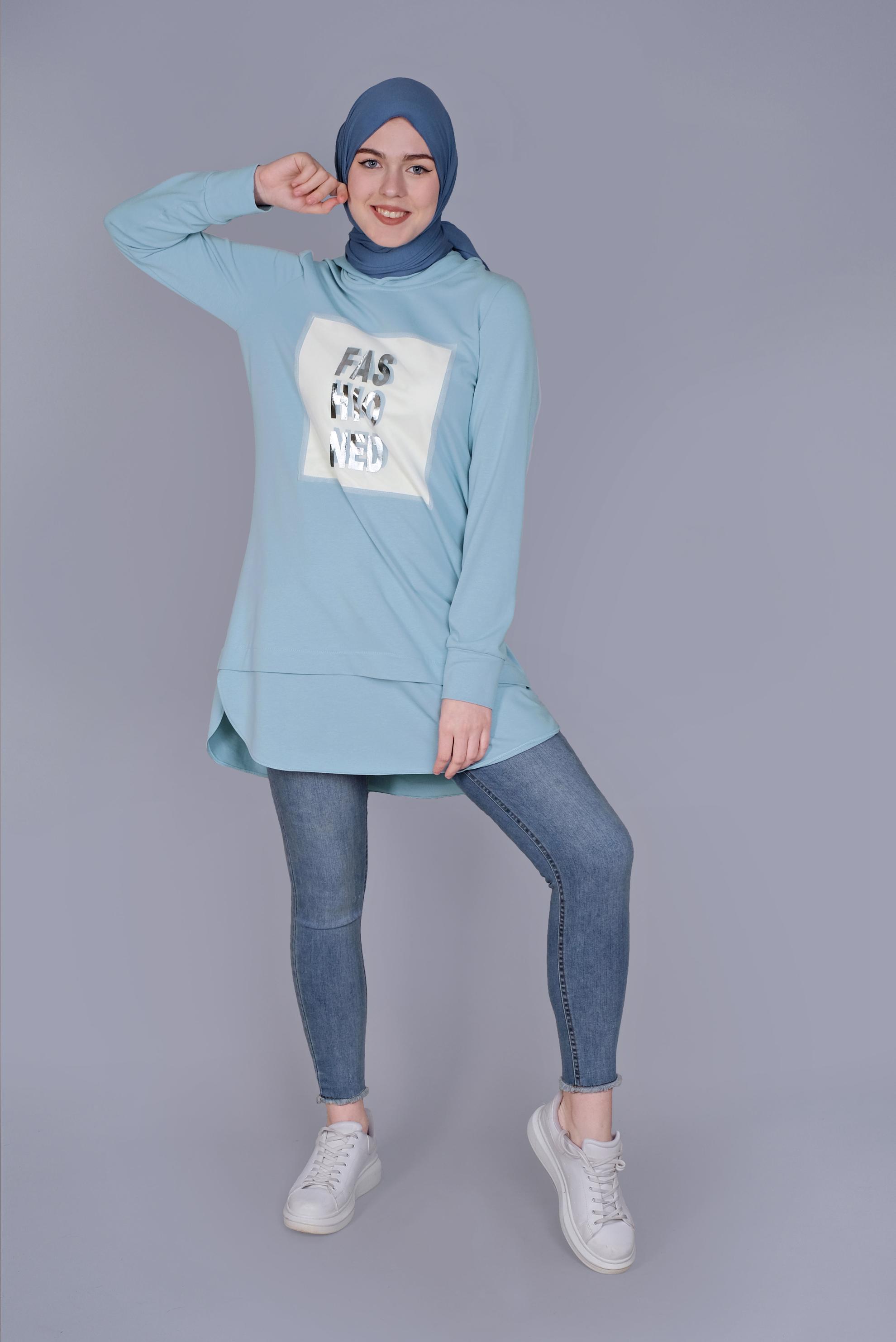 Tesettür giyim MAVİ YAZI BASKILI EŞOFMAN TUNİK  41150