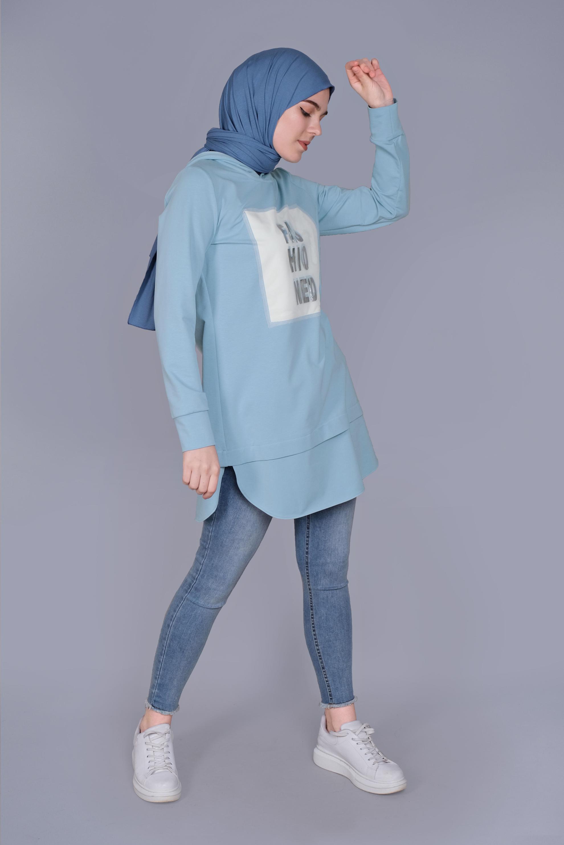 Tesettür giyim MAVİ YAZI BASKILI EŞOFMAN TUNİK  41150