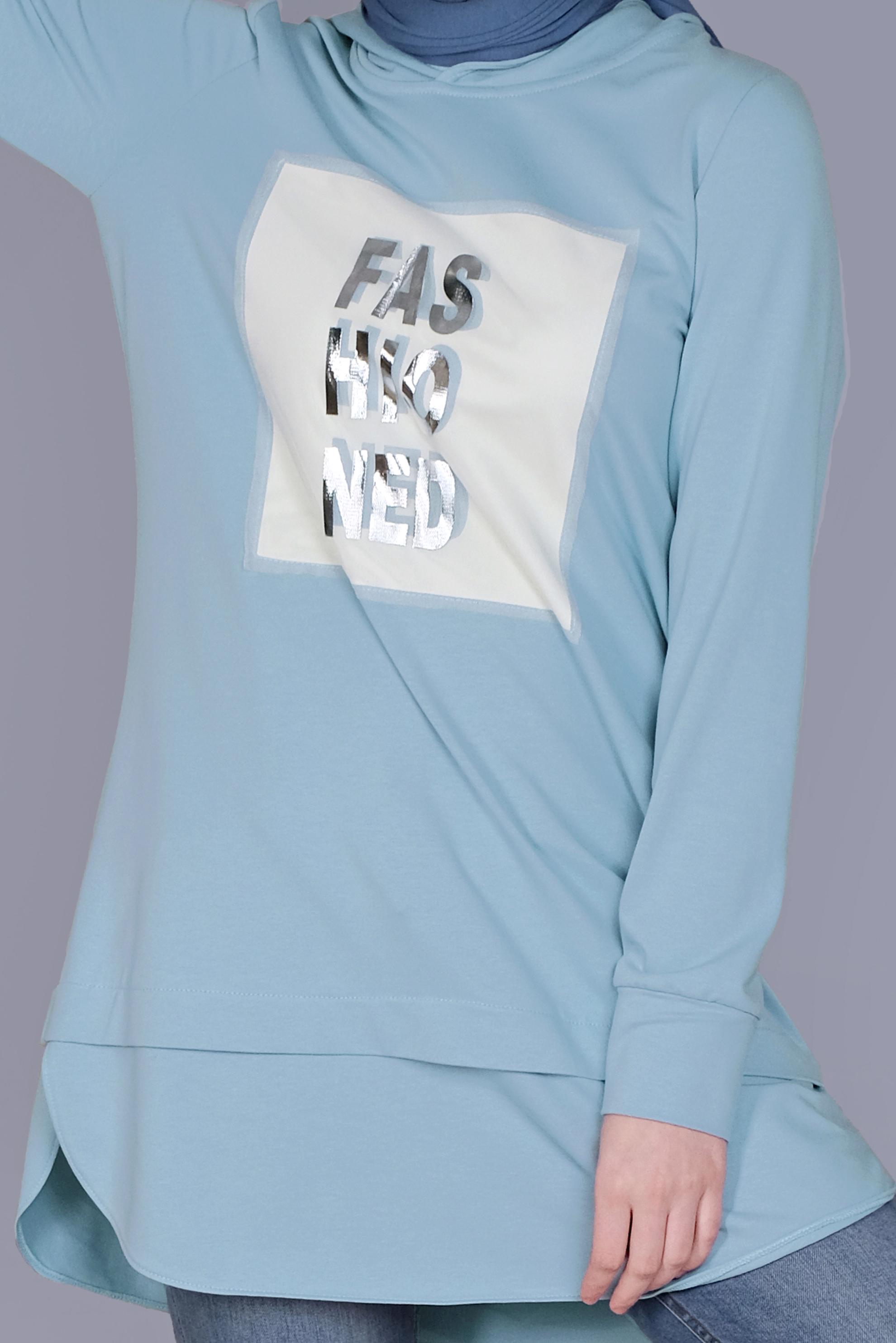 Tesettür giyim MAVİ YAZI BASKILI EŞOFMAN TUNİK  41150