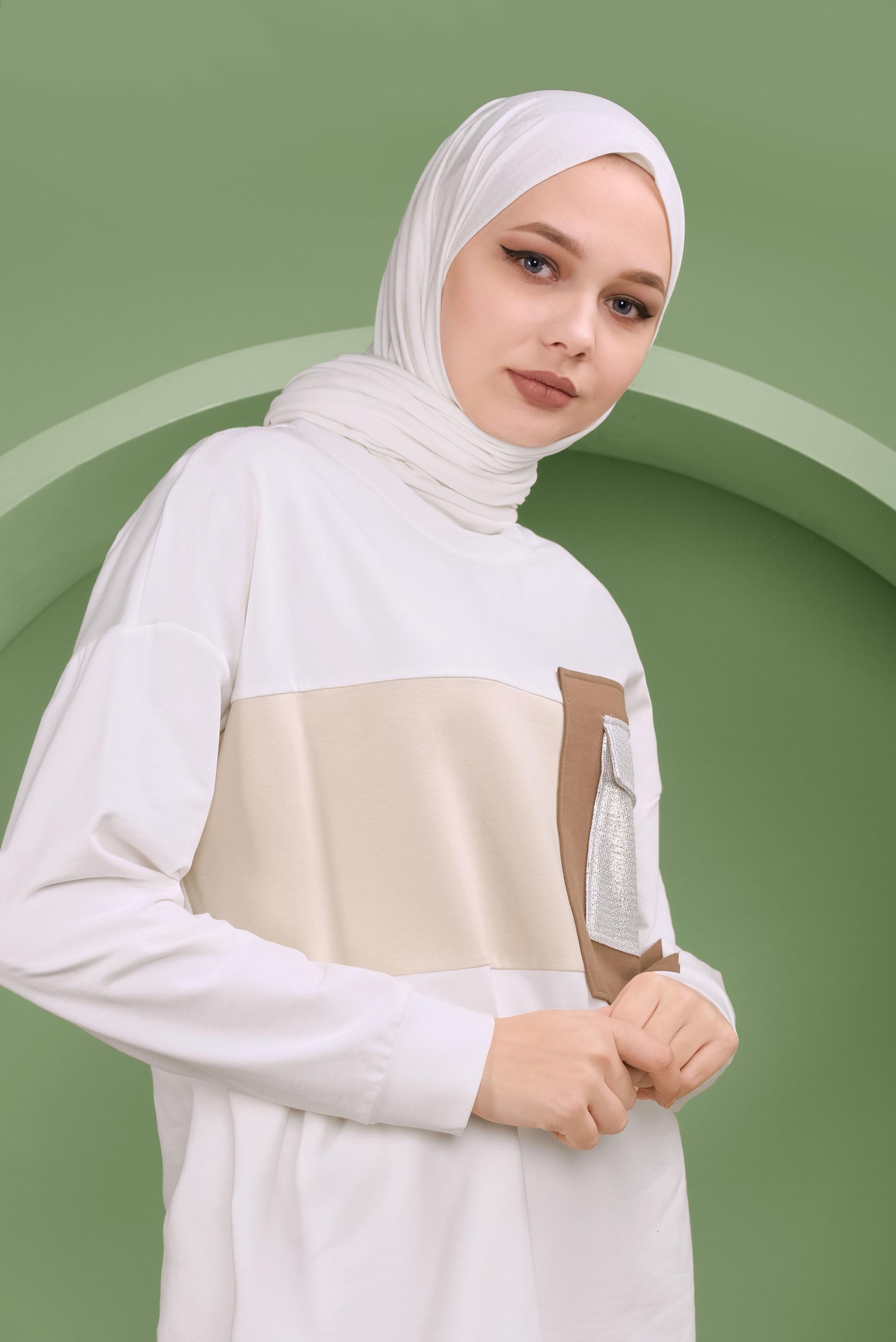 Tesettür giyim BEYAZ ETEK UCU BAĞCIKLI EŞOFMAN TUNİK 41361	