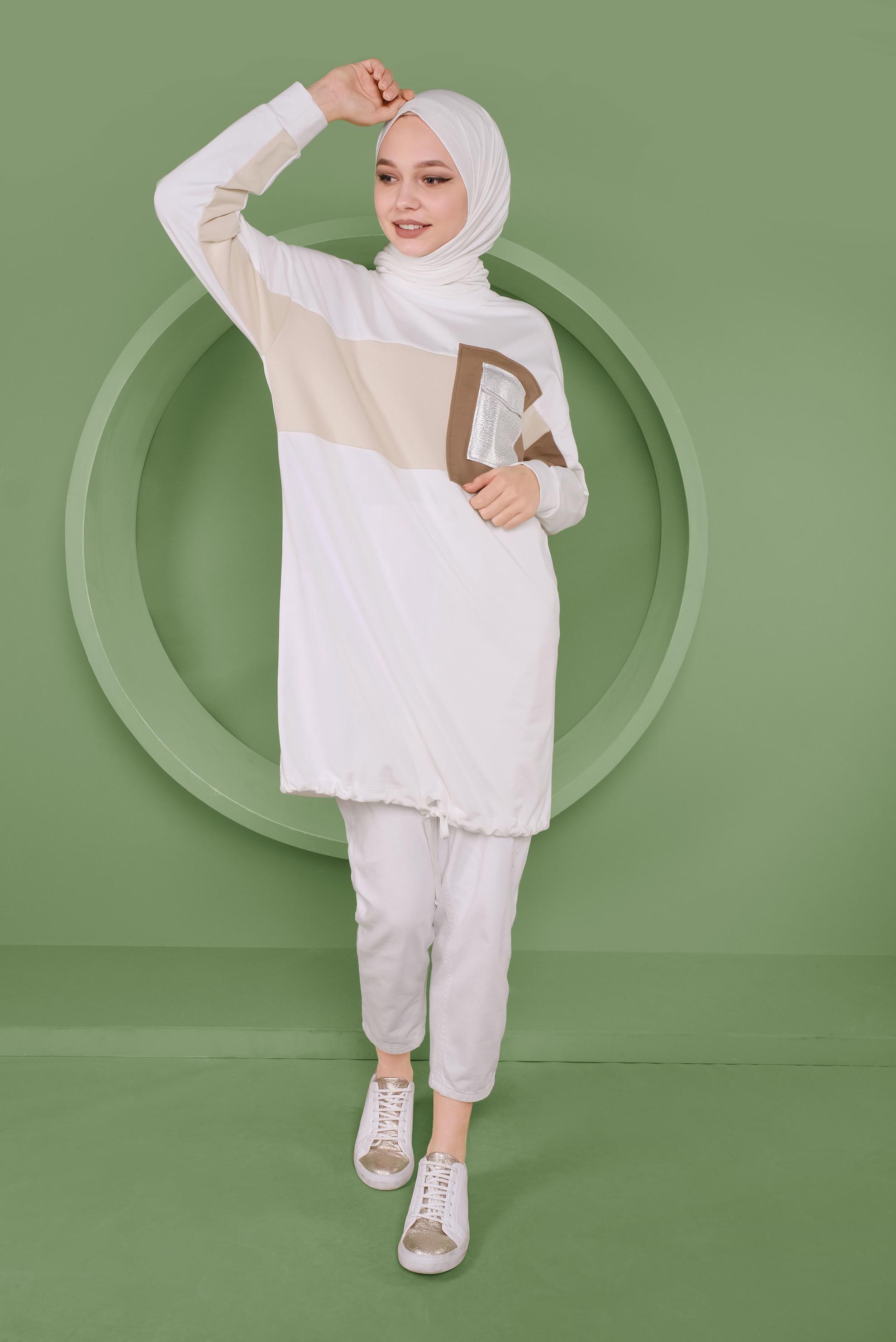 Tesettür giyim BEYAZ ETEK UCU BAĞCIKLI EŞOFMAN TUNİK 41361	