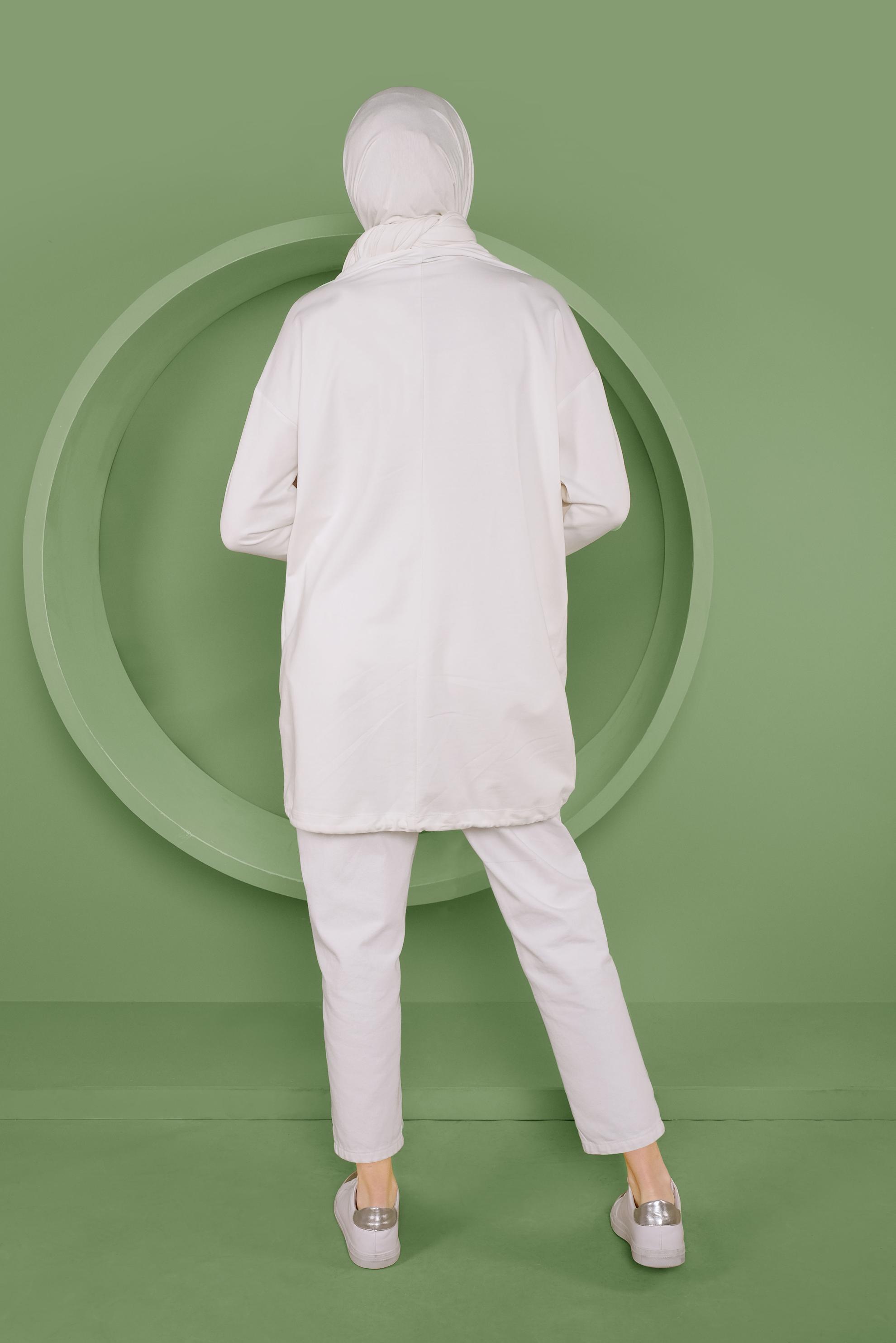 Tesettür giyim BEYAZ ETEK UCU BAĞCIKLI EŞOFMAN TUNİK 41361	