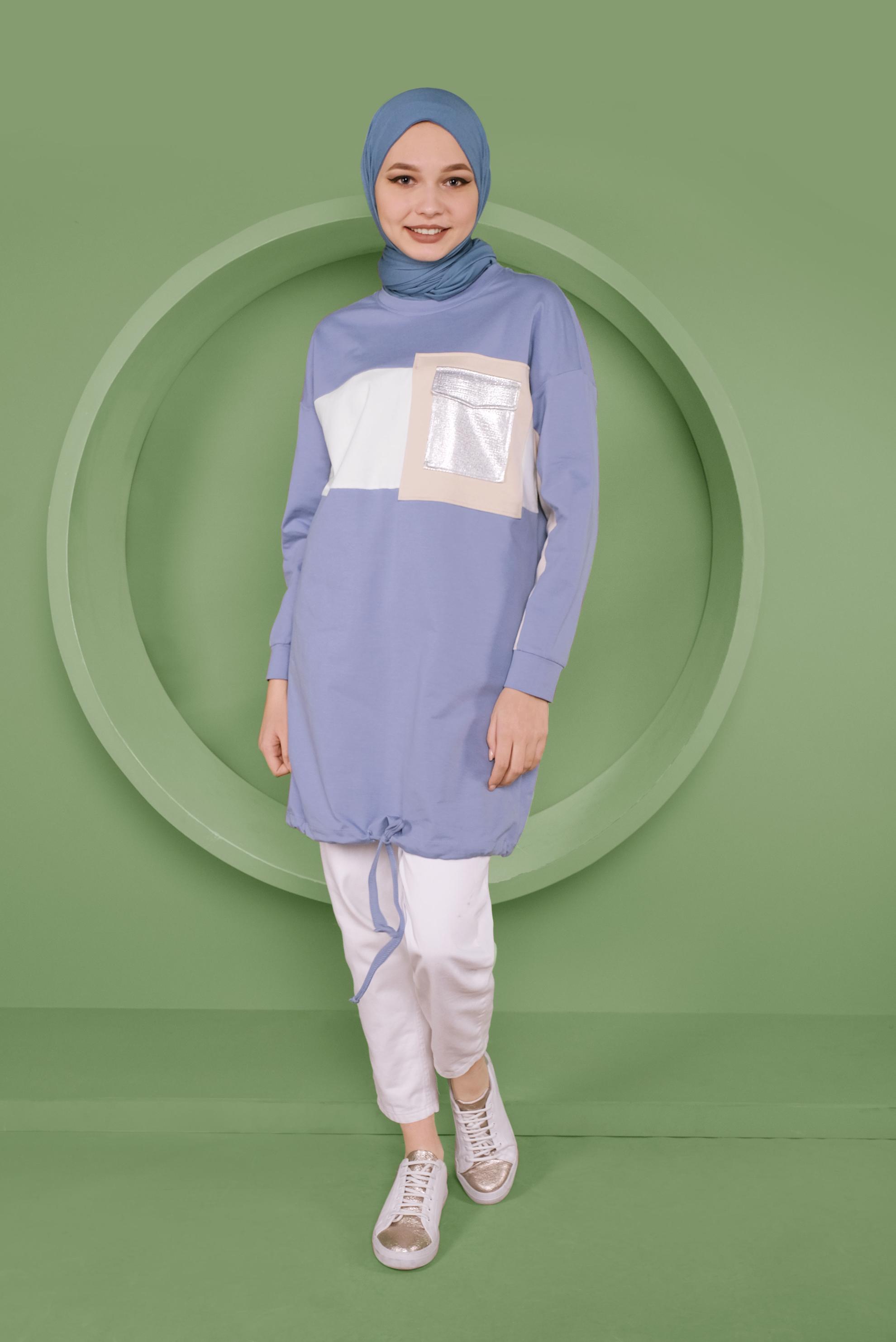 Tesettür giyim MAVİ ETEK UCU BAĞCIKLI EŞOFMAN TUNİK 41361	