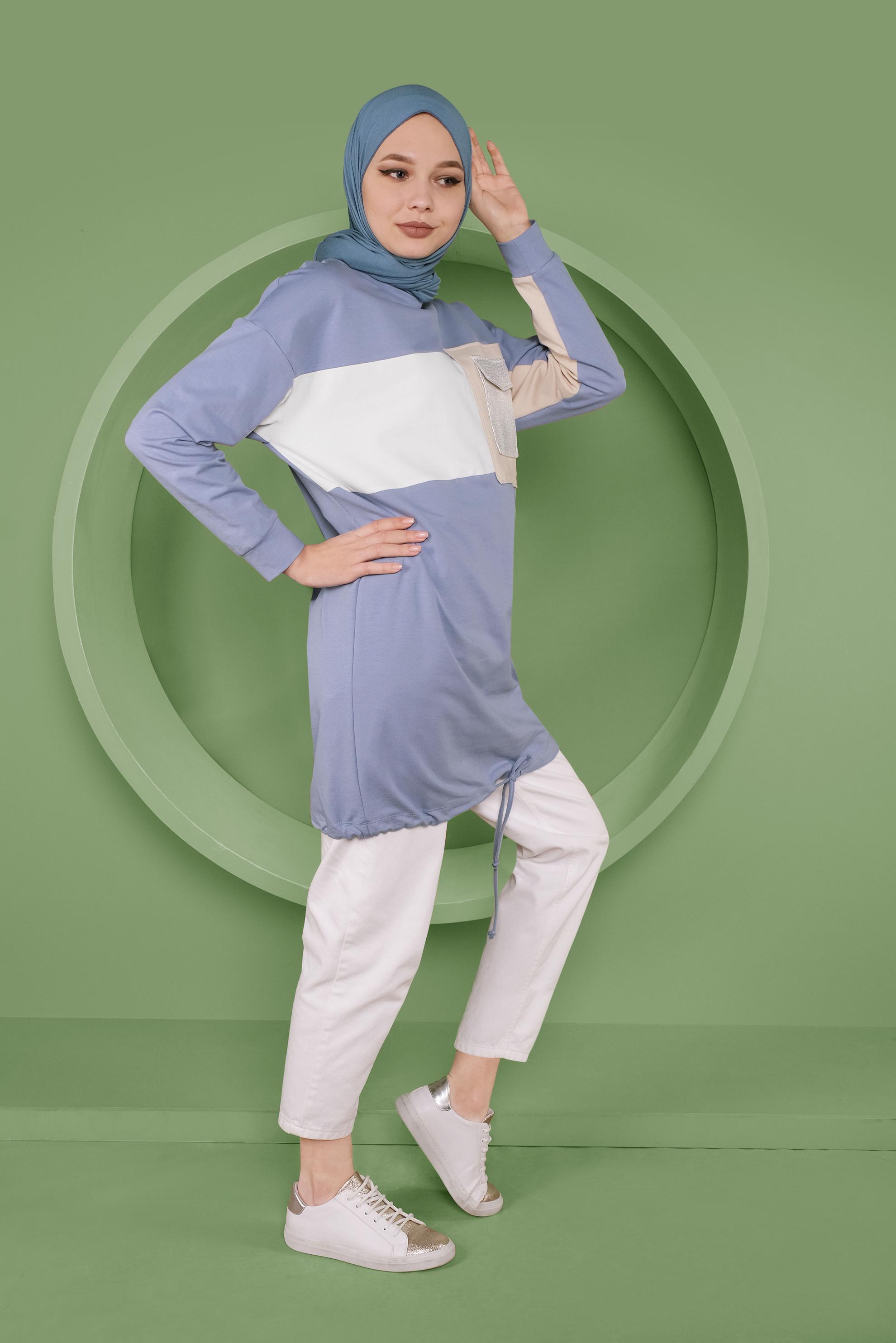 Tesettür giyim MAVİ ETEK UCU BAĞCIKLI EŞOFMAN TUNİK 41361	