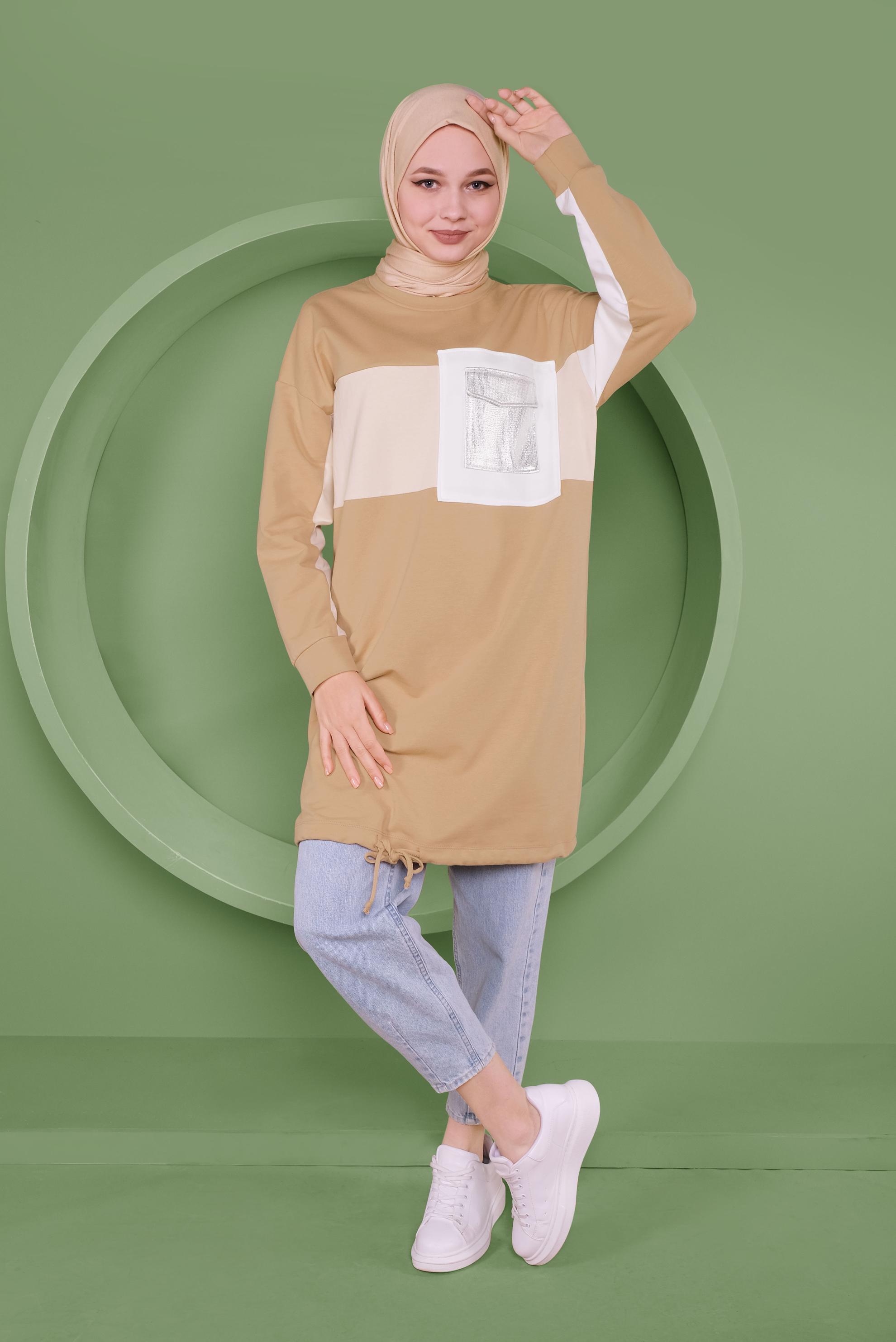 Tesettür giyim KAHVE ETEK UCU BAĞCIKLI EŞOFMAN TUNİK 41361	