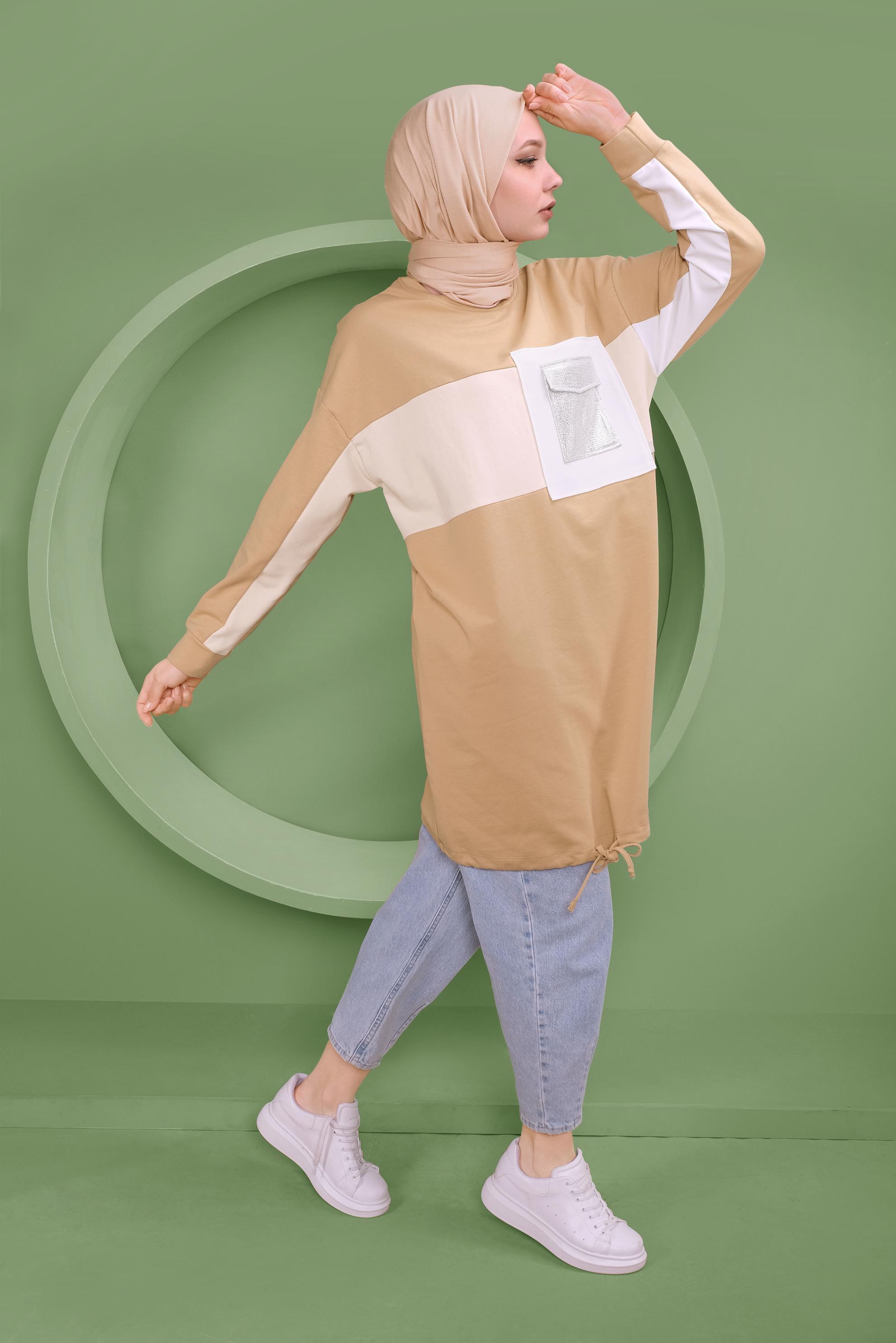 Tesettür giyim KAHVE ETEK UCU BAĞCIKLI EŞOFMAN TUNİK 41361	