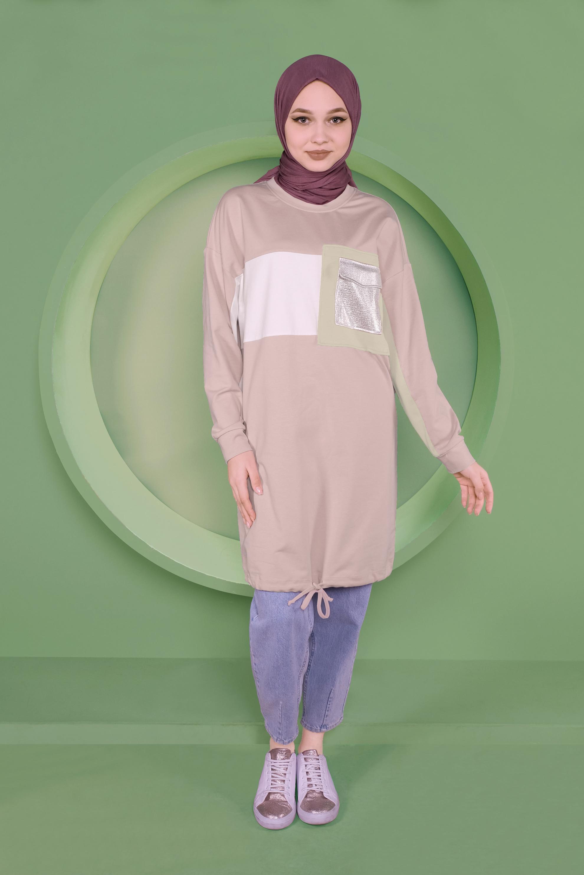 Tesettür giyim PUDRA ETEK UCU BAĞCIKLI EŞOFMAN TUNİK 41361	