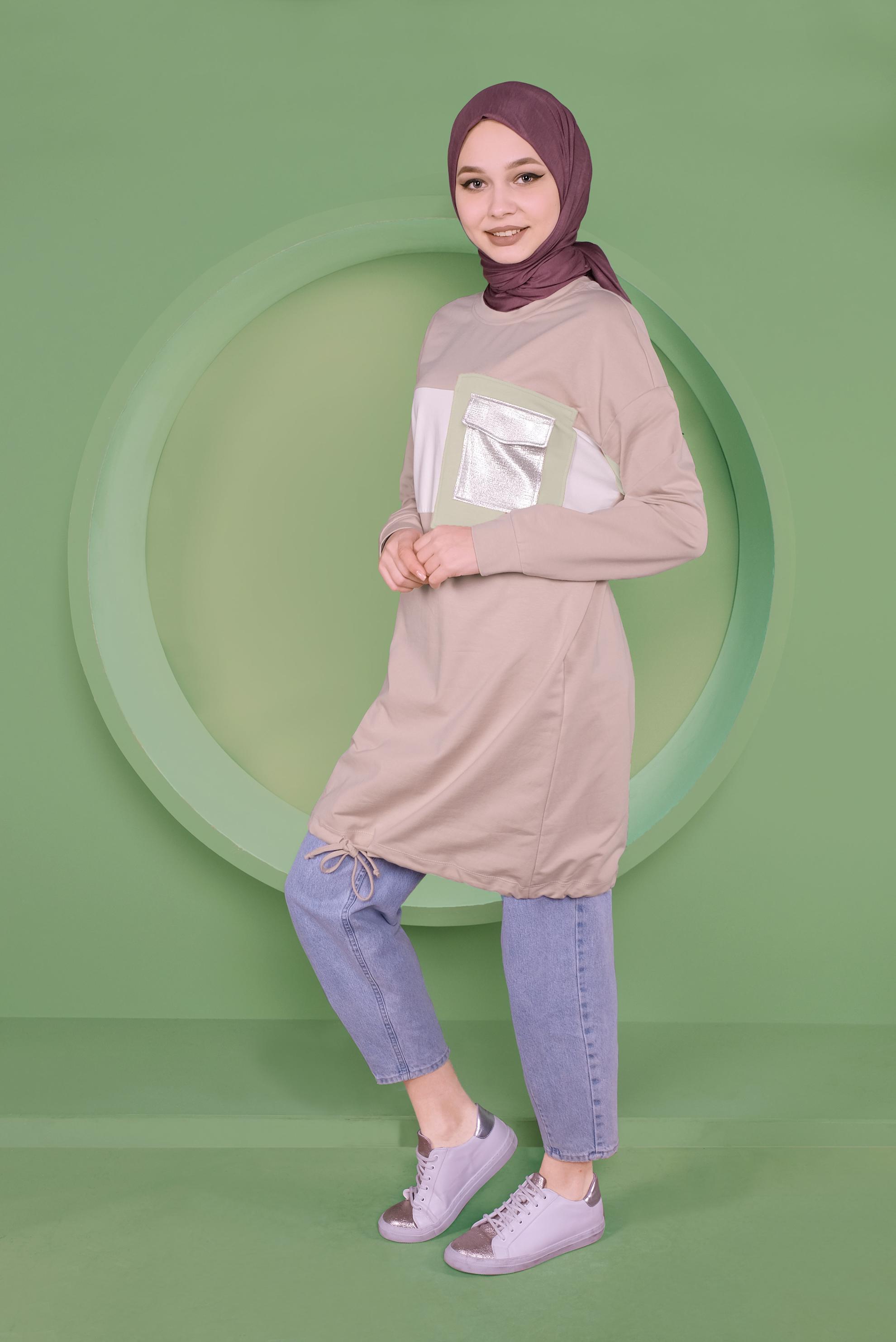 Tesettür giyim PUDRA ETEK UCU BAĞCIKLI EŞOFMAN TUNİK 41361	